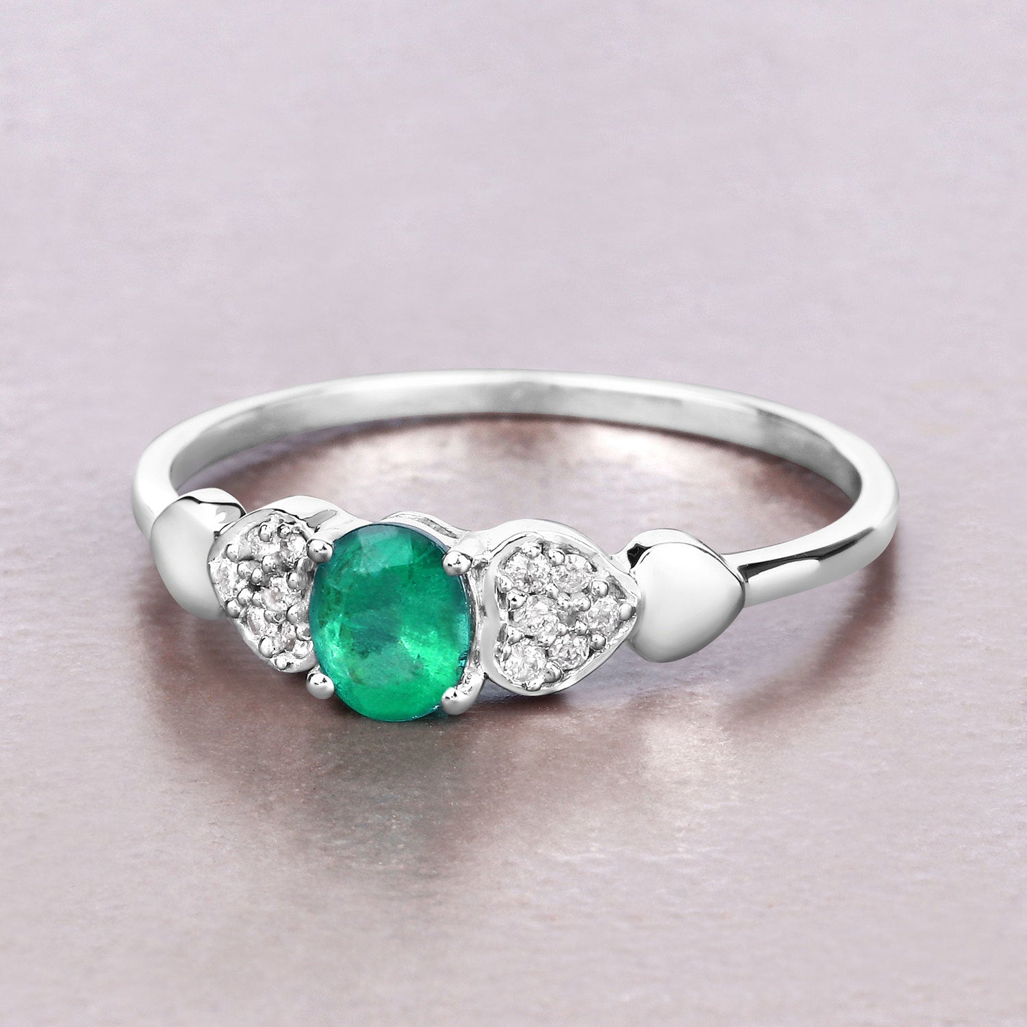 0.36 Carat Genuine Zambian Emerald and White Diamond 14K White Gold Ring