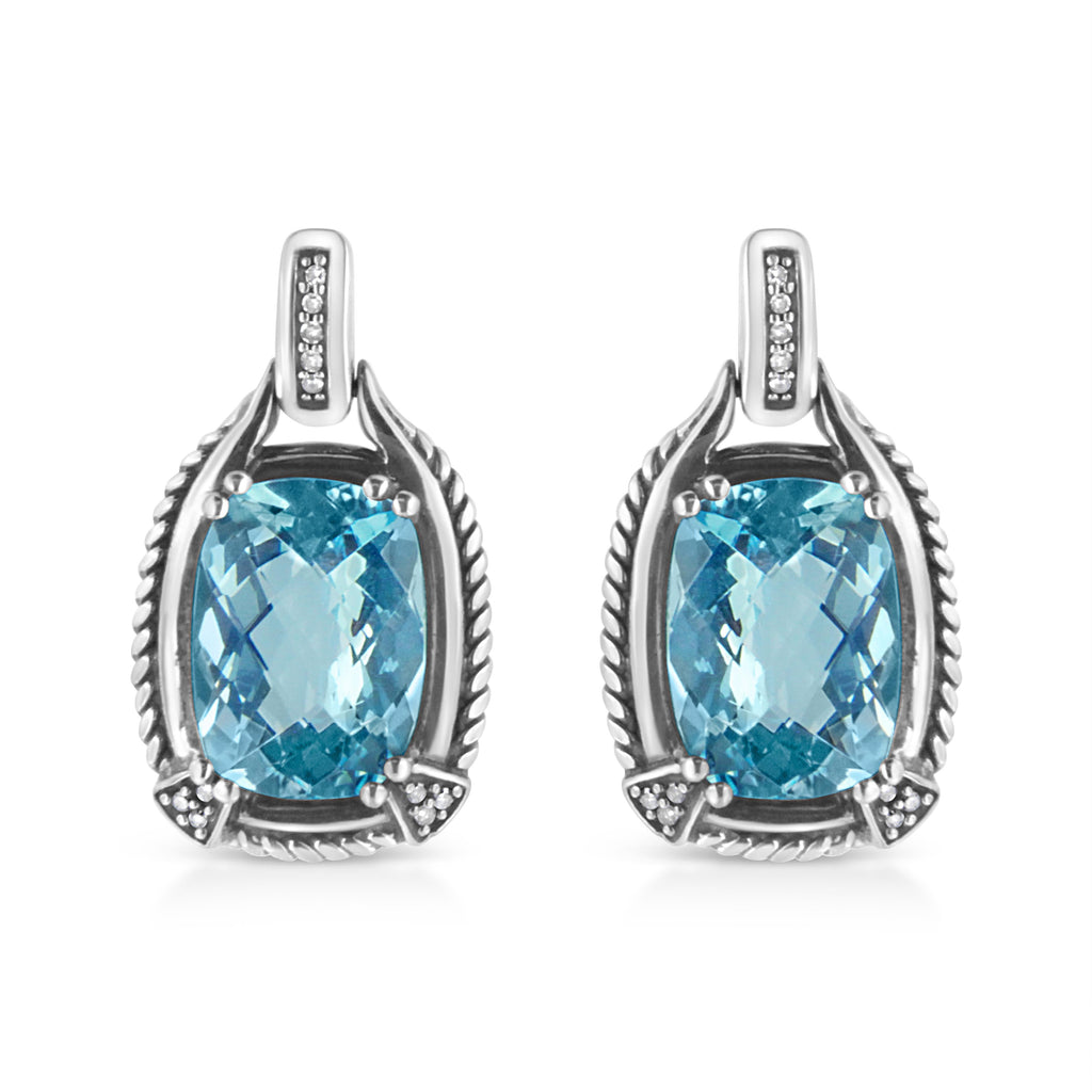 .925 Sterling Silver 14x10MM Cushion Cut Blue Topaz Gemstone and Diamond Accent Dangle Earring (I-J Color, I1-I2 Clarity)