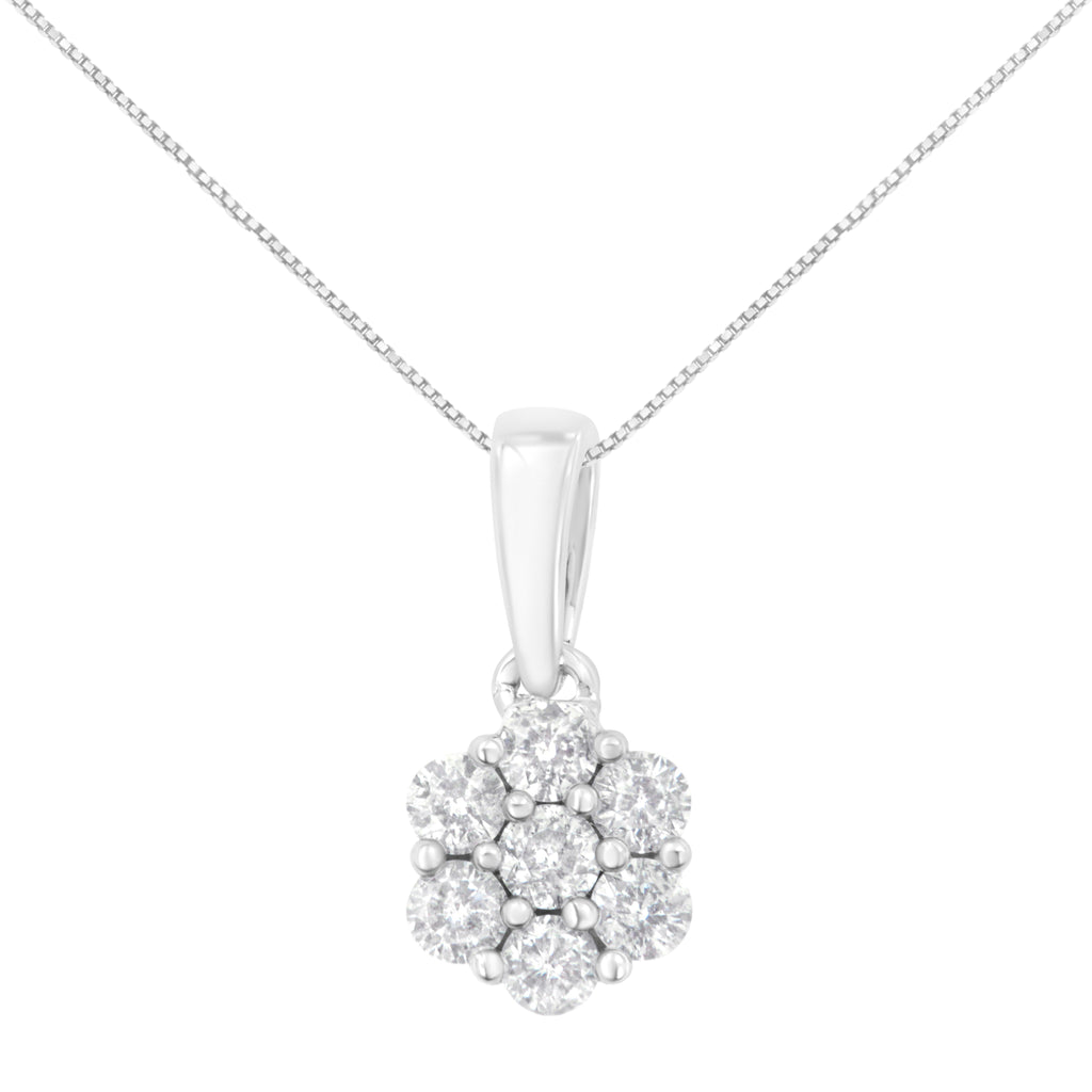 14K White Gold 1/2 cttw Prong Set Round-Cut Diamond 7 Stone Floral Cluster 18" Pendant Necklace (H-I Color, I1-I2 Clarity)