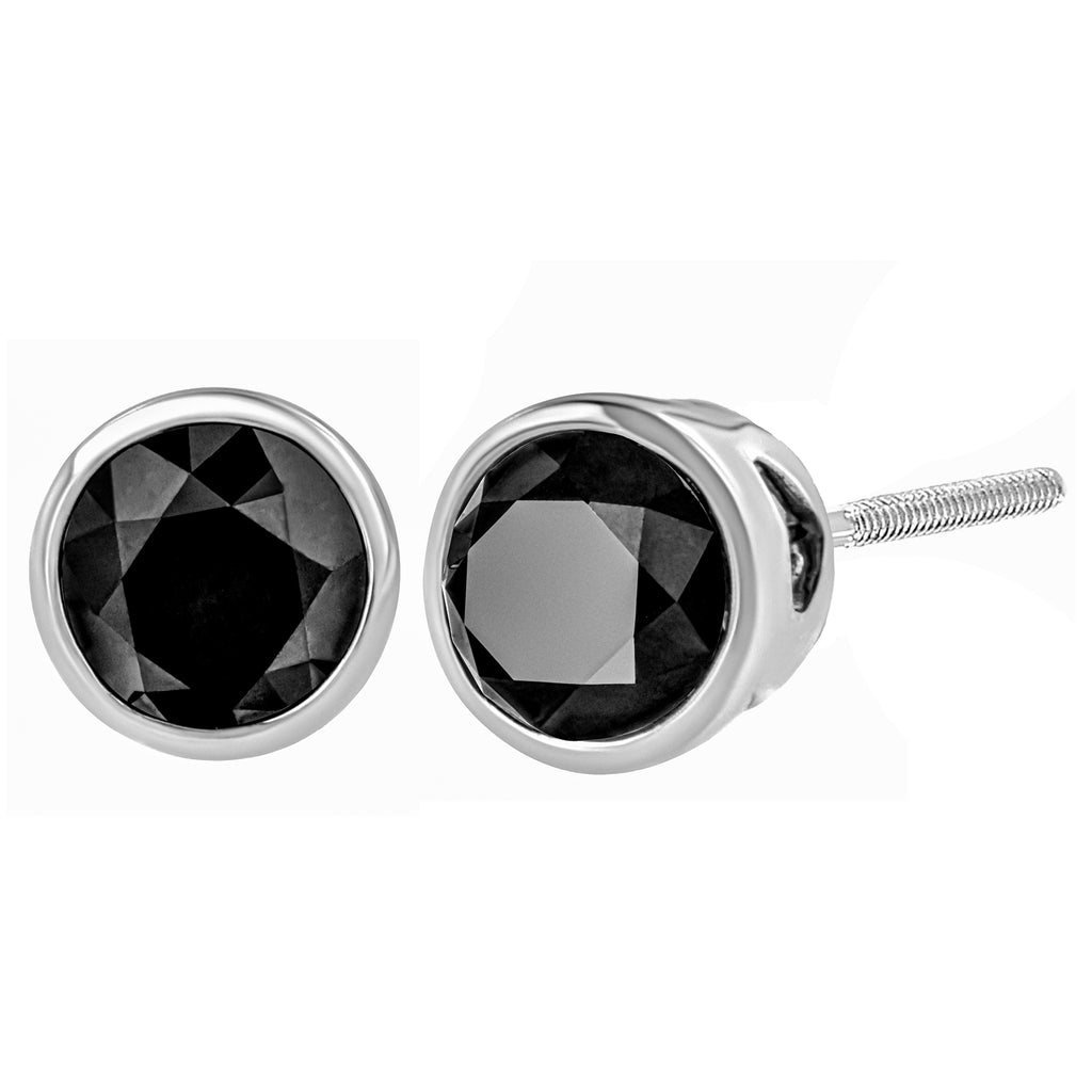 14K White Gold 1/2 Cttw Round Brilliant-Cut Black Diamond Bezel-Set Stud Earrings with Screw Backs (Fancy Color-Enhanced, I2-I3 Clarity)