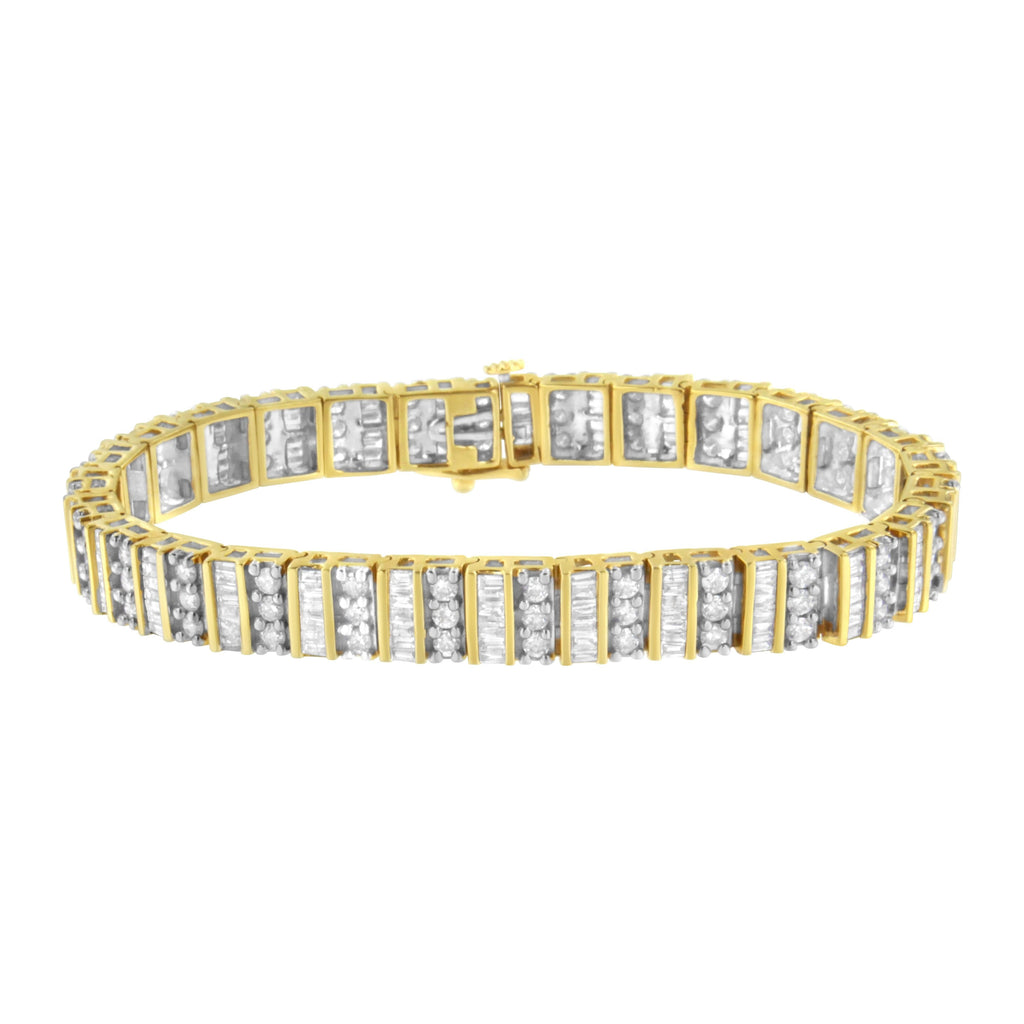 14K Yellow Gold 5.50 Cttw Round and Baguette Diamond Link Bracelet