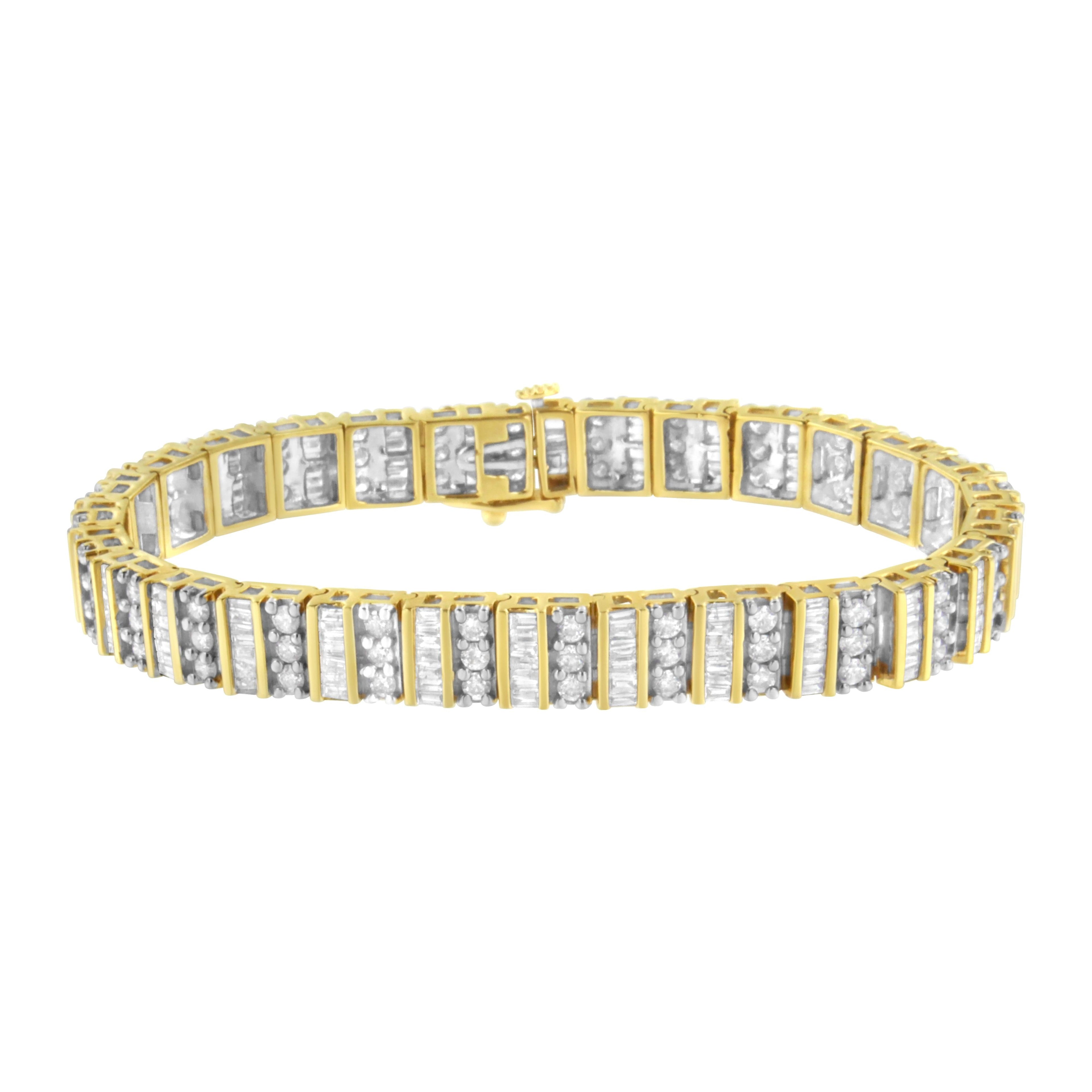 14K Yellow Gold 5.50 Cttw Round and Baguette Diamond Link Bracelet