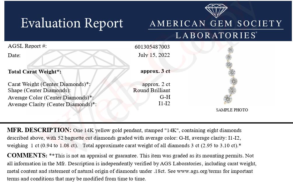 AGS Certified 14k Yellow Gold 3.0 Cttw Baguette and Brilliant Round-Cut Diamond Journey 18" Pendant Necklace (G-H Color, I1-I2 Clarity)