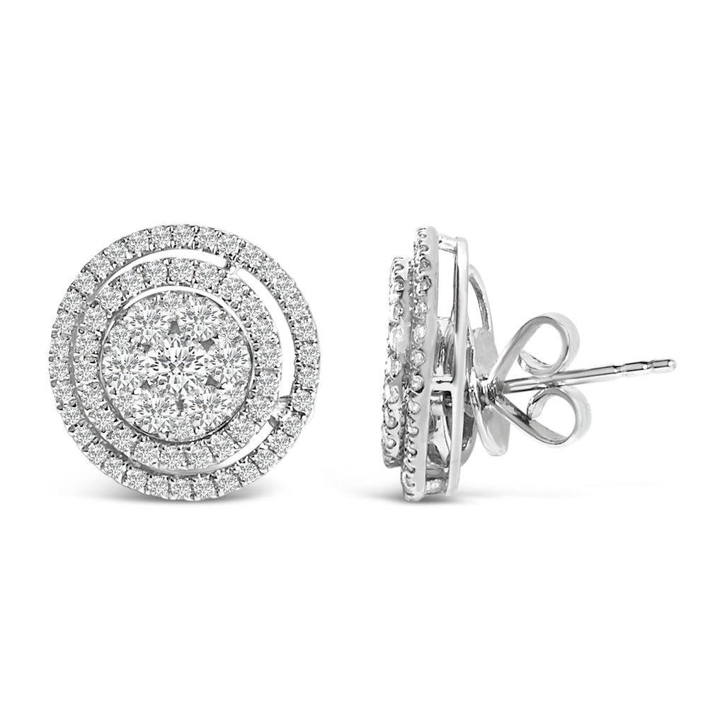 14K Gold 1 3/8 Cttw Diamond Cluster and Double Halo Stud Earring (G-H Color, SI1-SI2 Clarity)