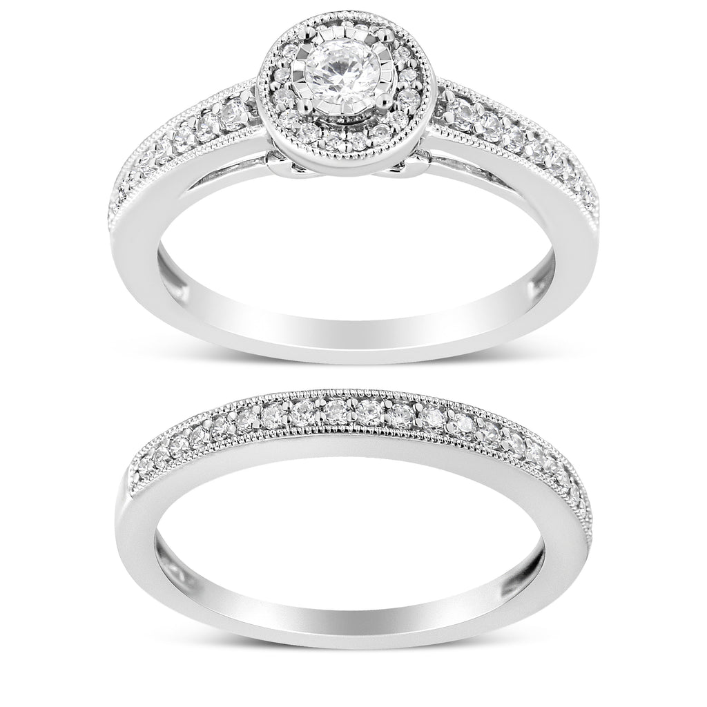 .925 Sterling Silver 1/2 Ctw Diamond Halo and Milgrain Engagement Ring Bridal Set (I-J Color, I3 Clarity) - Ring Size 7