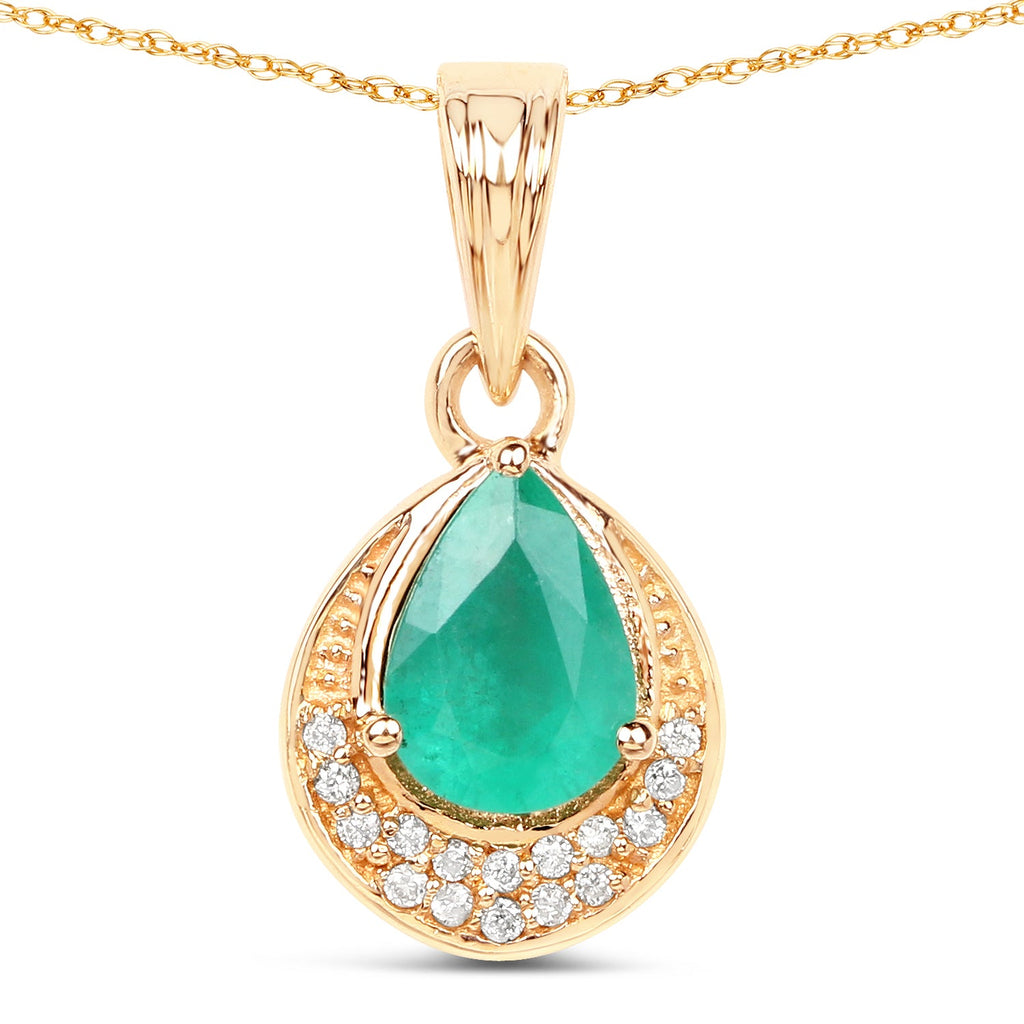 0.89 Carat Genuine Zambian Emerald and White Diamond 14K Yellow Gold Pendant