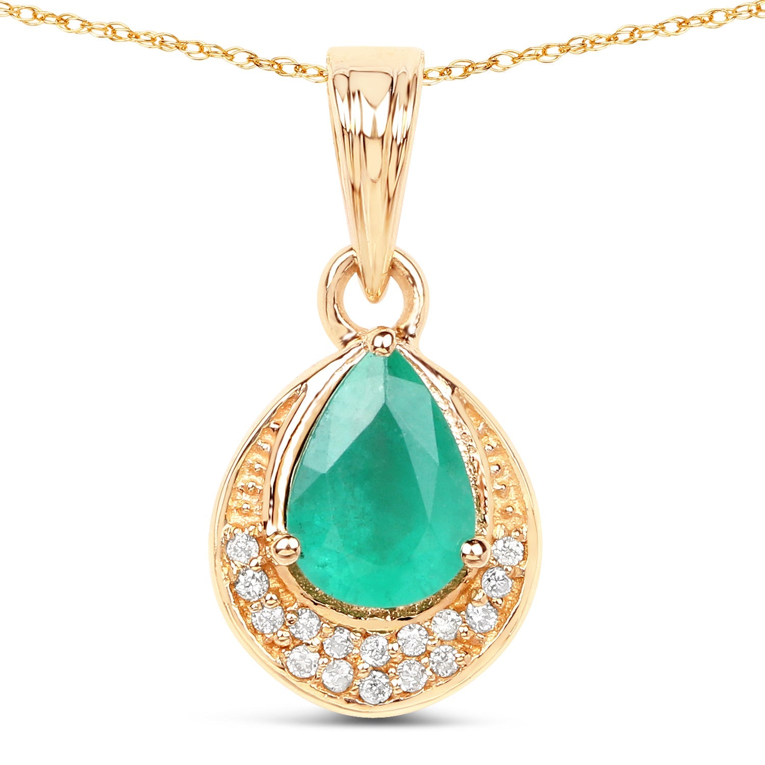 0.89 Carat Genuine Zambian Emerald and White Diamond 14K Yellow Gold Pendant