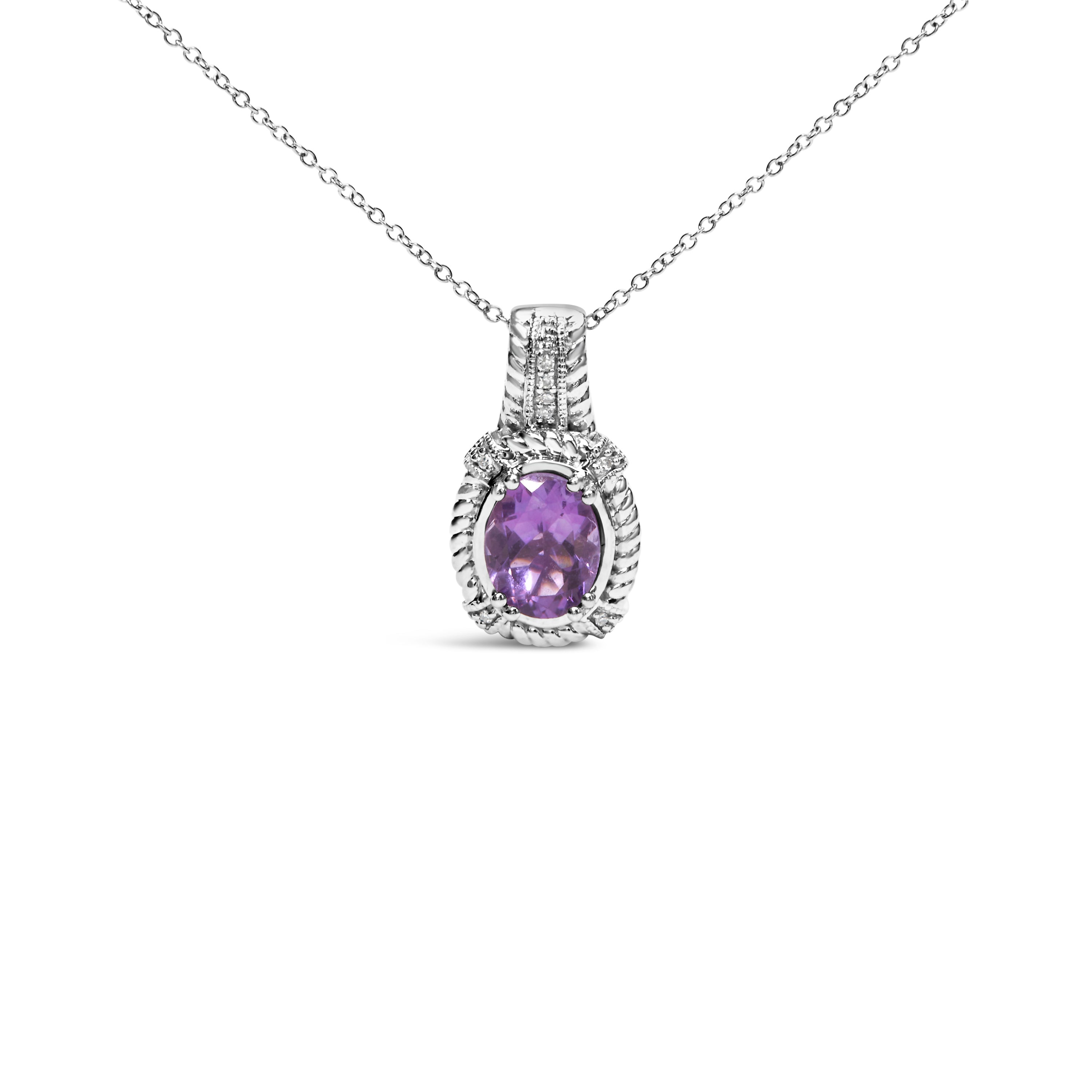 .925 Sterling Silver 9x7mm Oval Purple Amethyst and Round Diamond Accent Fashion Drop Pendant 18 Inch Necklace (I-J Color, I1-I2 Clarity)