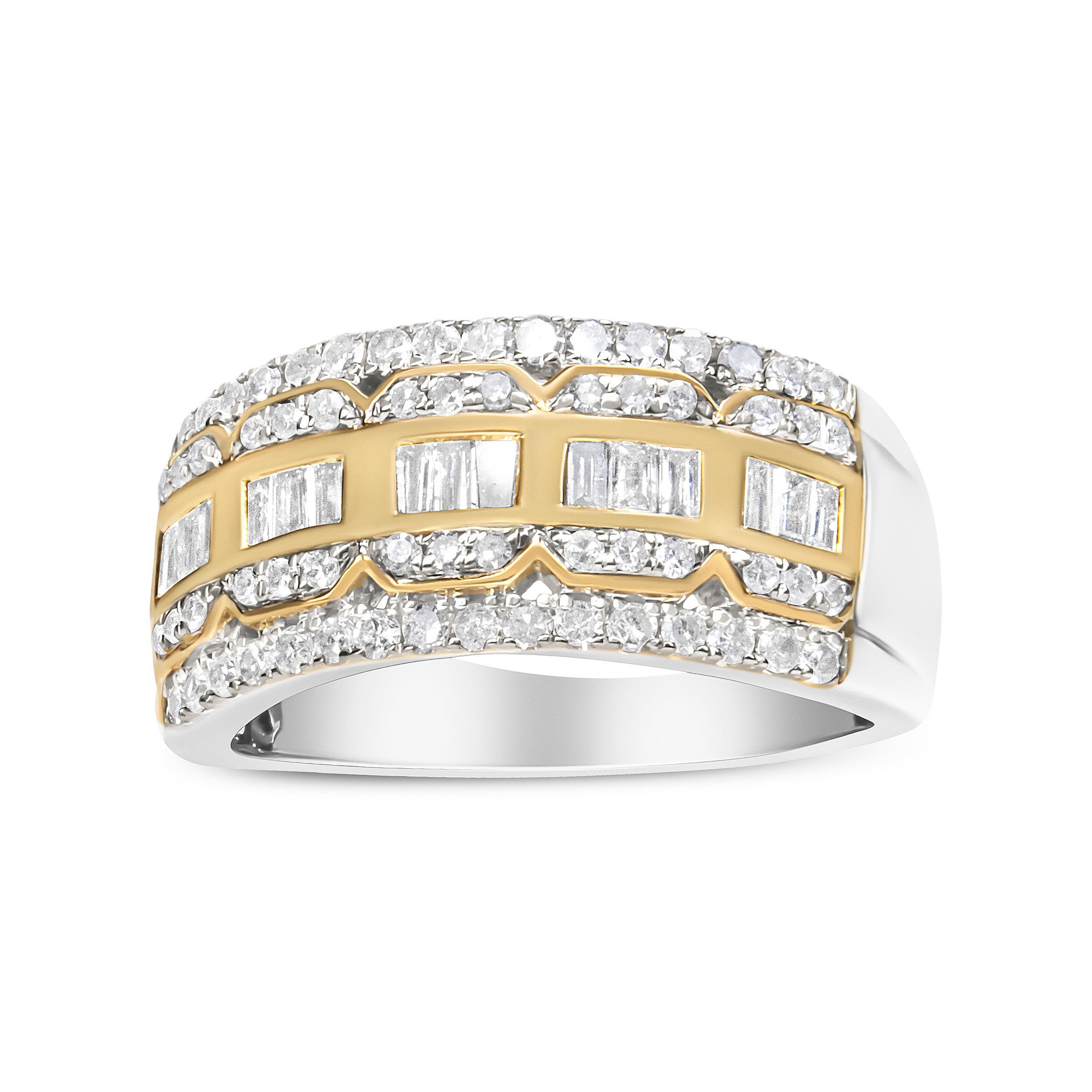 10K White and Yellow Gold 1.00 Cttw Baguette and Round cut Diamond Art Deco Multi-Row Ring Band (I-J Color, I1-I2 Clarity) - Ring Size 7