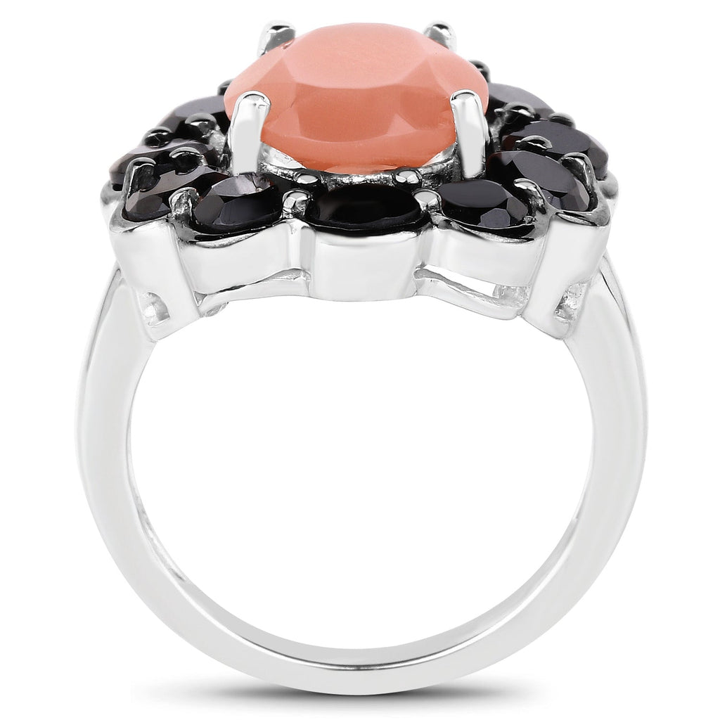 7.88 Carat Genuine Peach Moonstone and Black Spinel .925 Sterling Silver Ring