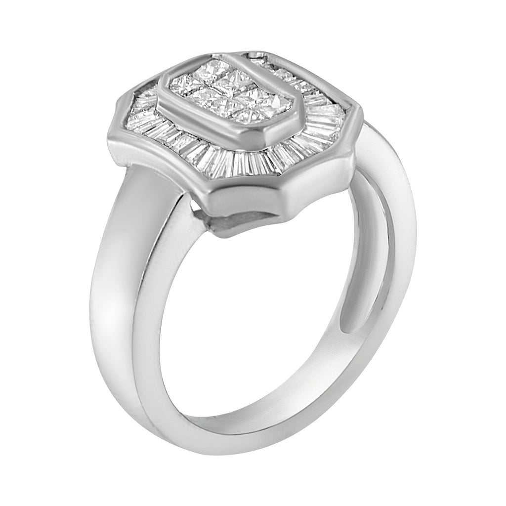 14K White Gold 1.00 Cttw Baguette and Princess-Cut Diamond Cocktail Art Deco Style Ring (H-I Color, SI1-SI2 Clarity) - Size 7