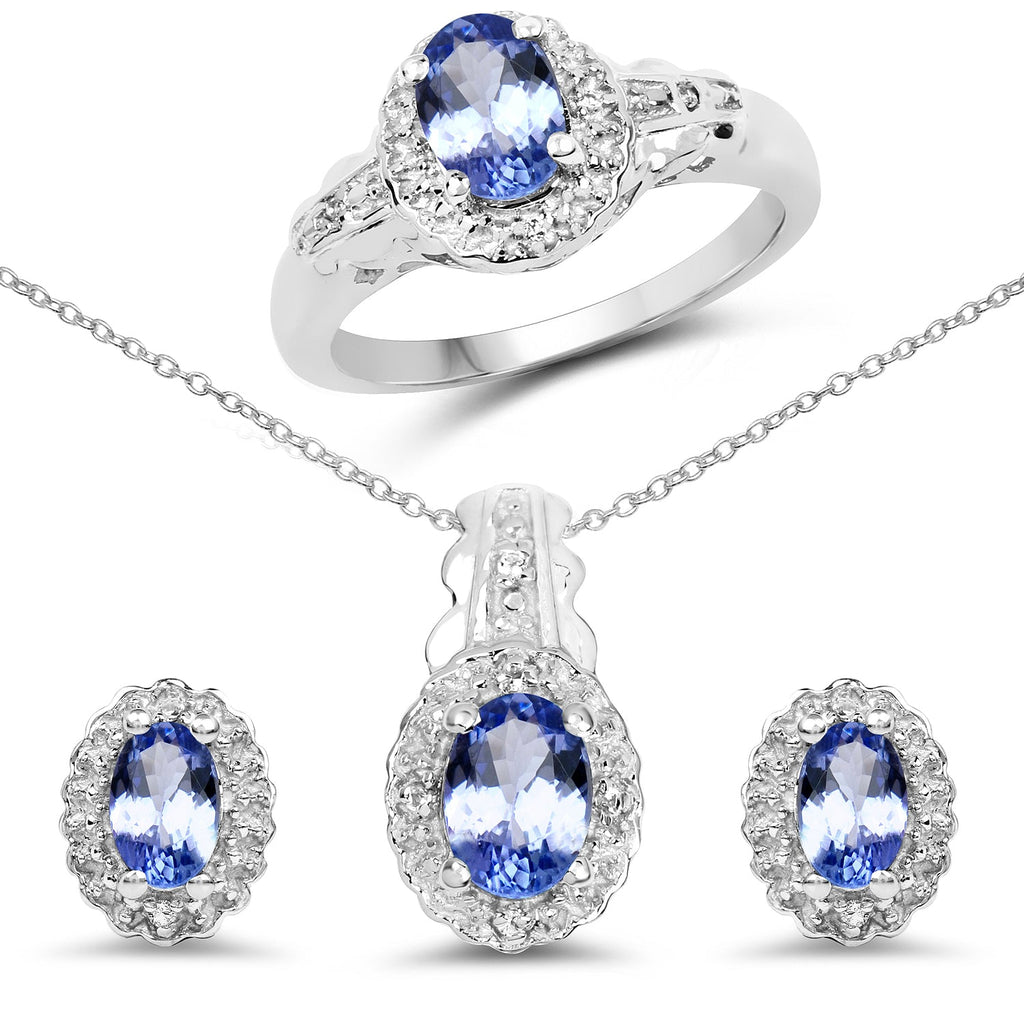 2.46 Carat Genuine Tanzanite and White Topaz .925 Sterling Silver 3 Piece Jewelry Set (Ring, Earrings, and Pendant w/ Chain)