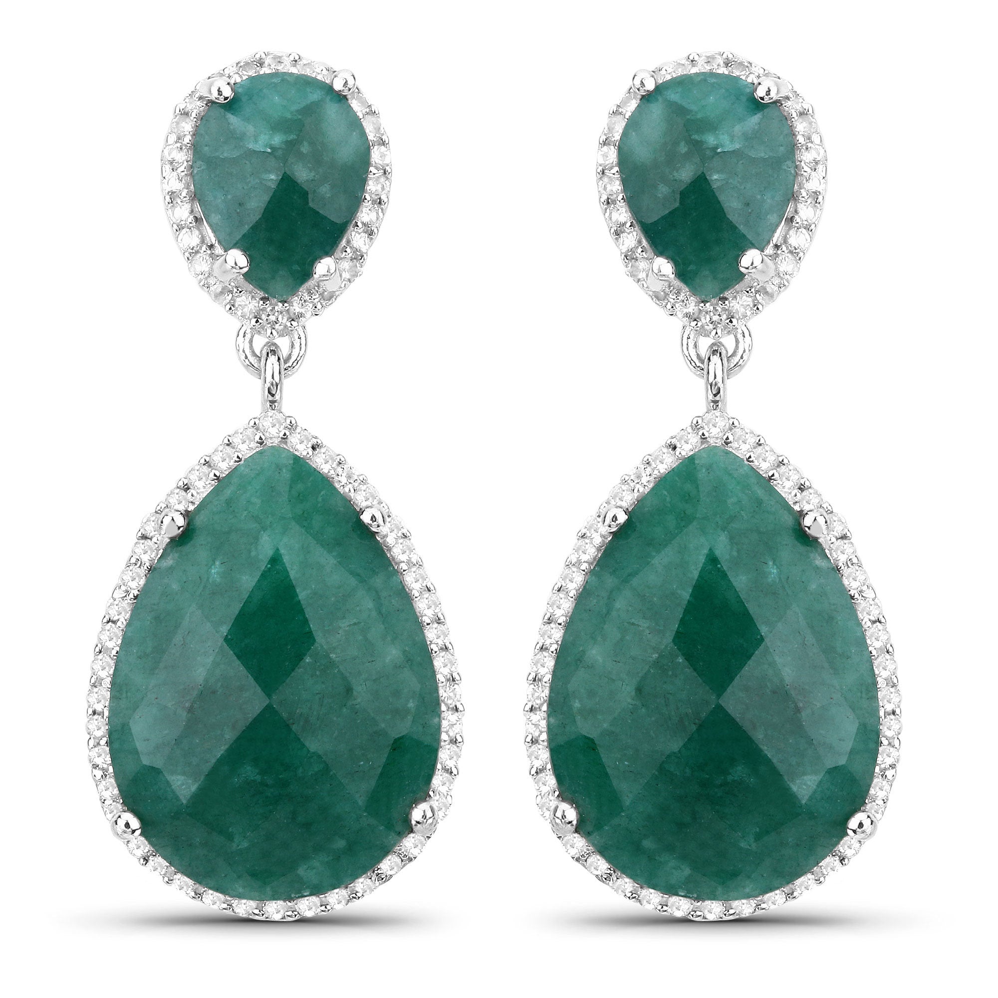 19.42 Carat Dyed Emerald and White Topaz .925 Sterling Silver Earrings