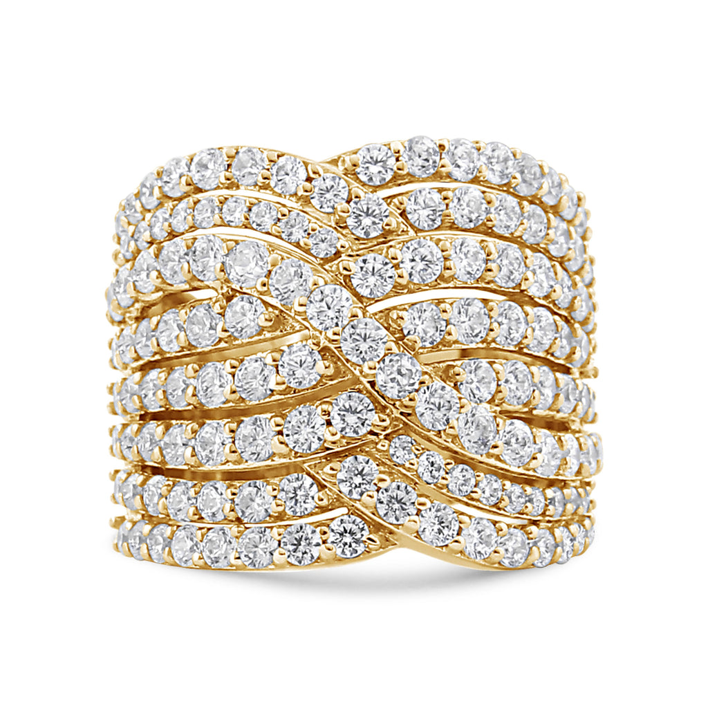 10K Yellow Gold 3.0 Cttw Diamond Eight-Row Bypass Crossover Statement Band Ring (H-I Color, I2-I3 Clarity) - Size 7