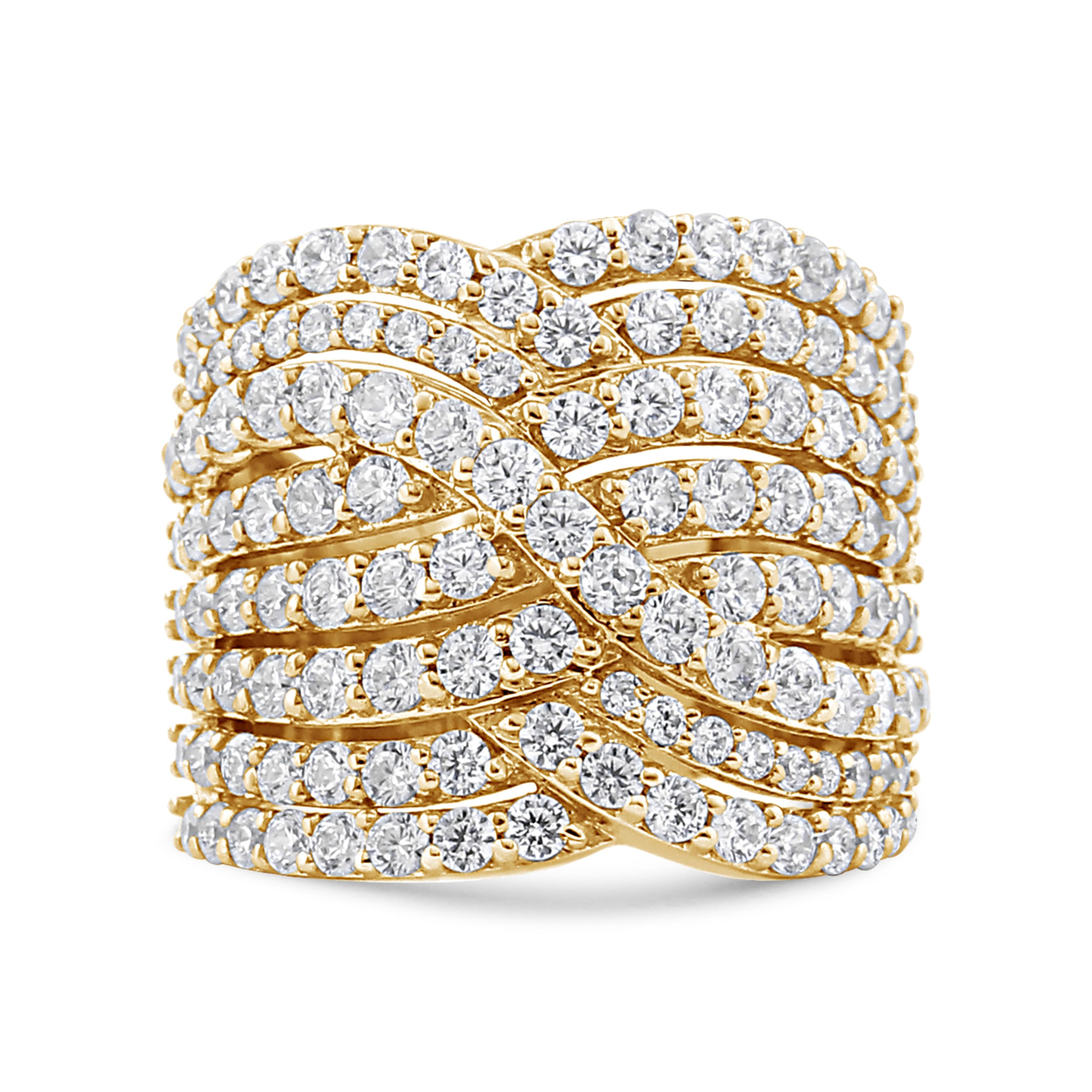 10K Yellow Gold 3.0 Cttw Diamond Eight-Row Bypass Crossover Statement Band Ring (H-I Color, I2-I3 Clarity) - Size 7