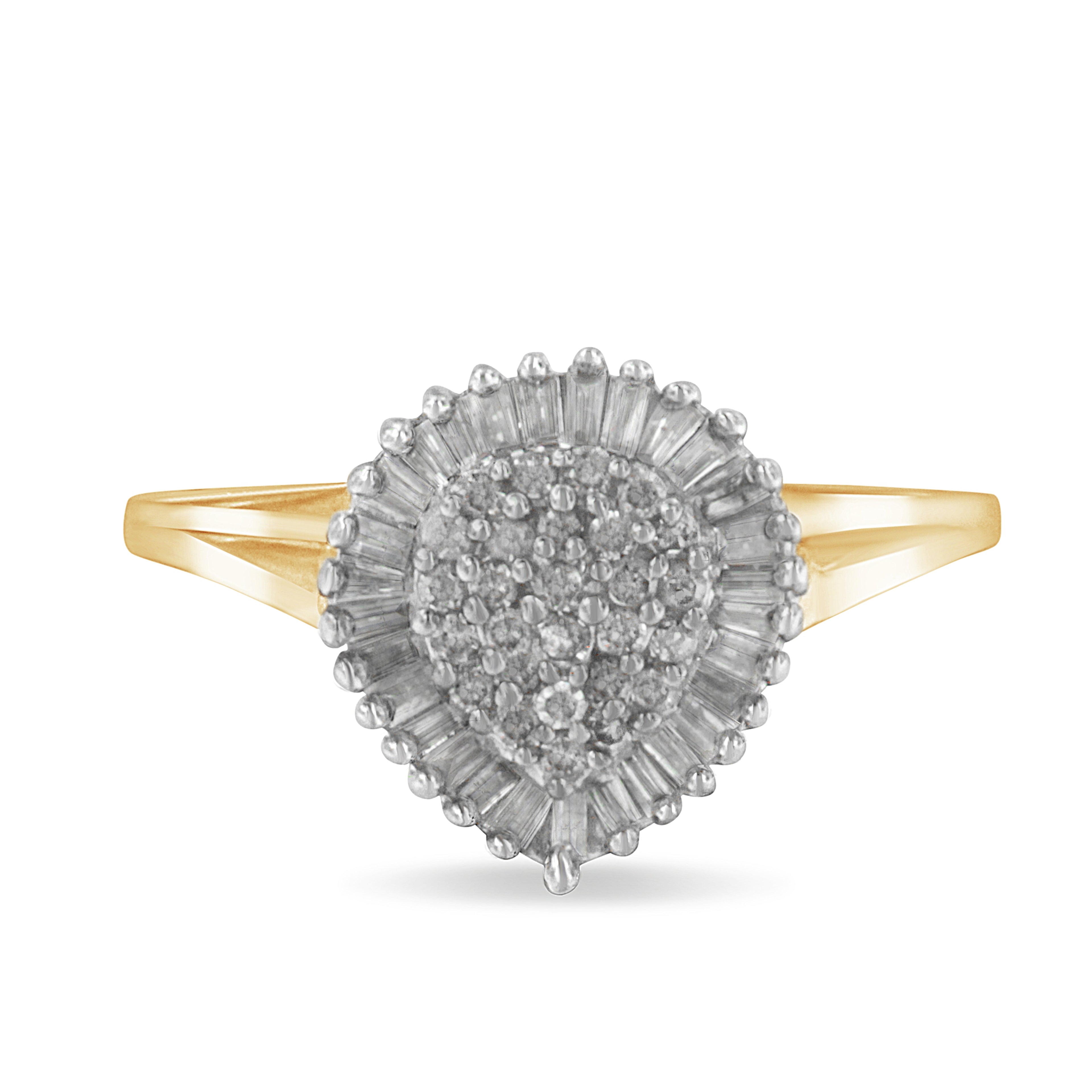 10K Yellow Gold 1/2 Cttw Round & Baguette Cut Diamond Pear Shaped Domed PavÃ© Cluster with Halo Cocktail Ring (J-K Color, I1-I2 Clarity) - Size 4-1/4
