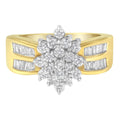 10K Yellow Gold 1.0 Cttw Round & Baguette Cut Diamond Floral Cluster Double-Channel Flared Band Statement Ring (H-I Color, SI2-I1 Clarity) - Size 6-1/2