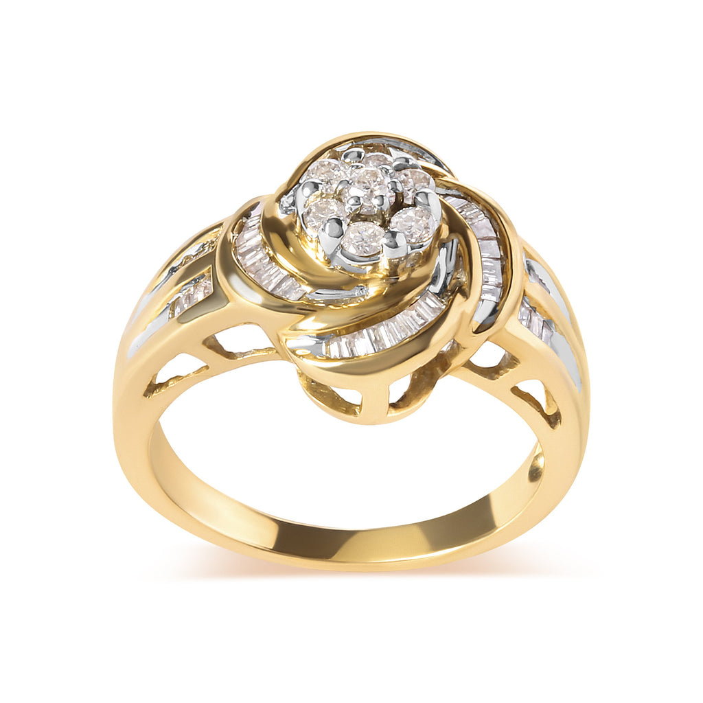 10K Yellow Gold 1/2 Cttw Round and Baguette Diamond Flower Swirl Cocktail Ring (I-J Color, SI2-I1 Clarity) - Ring Size 7