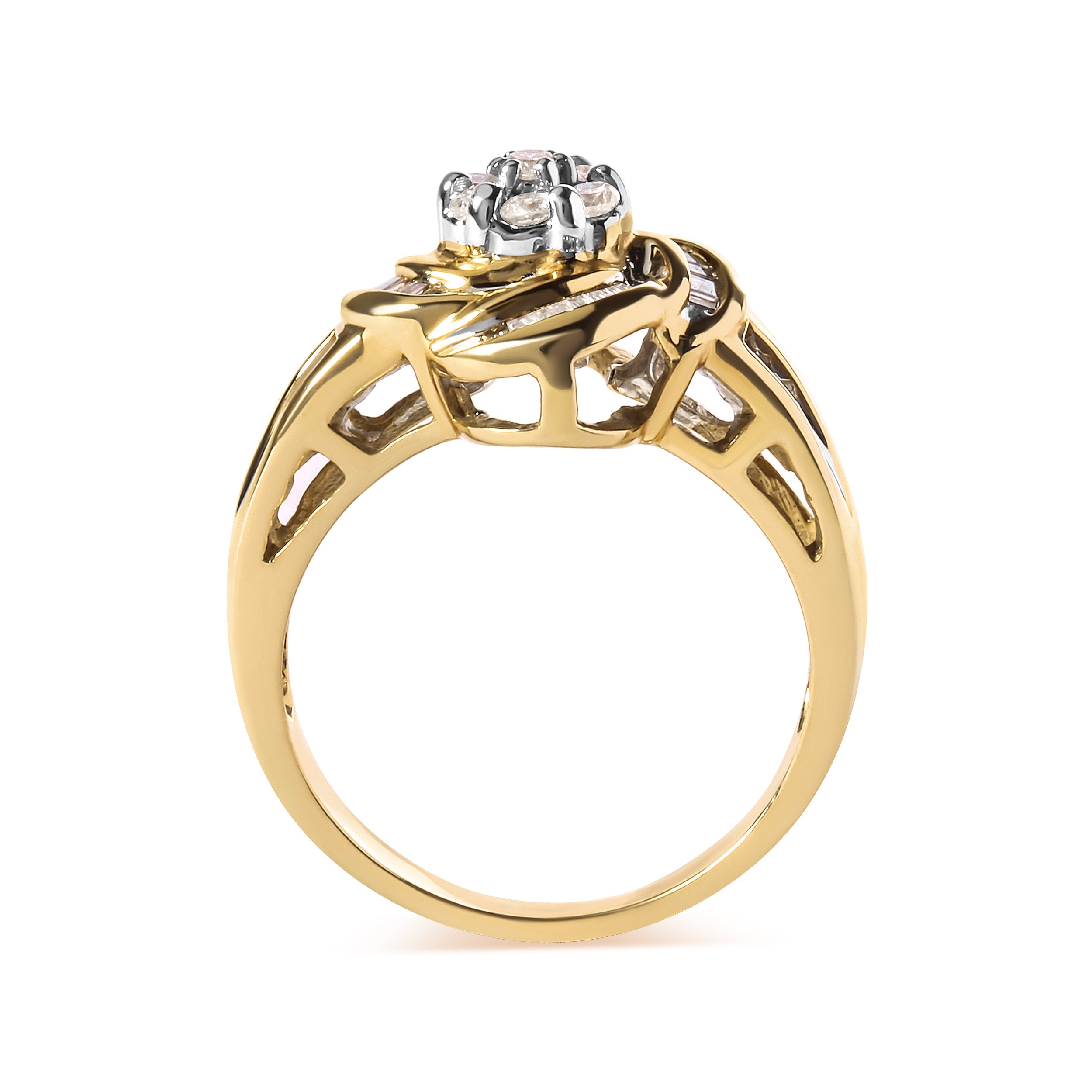 10K Yellow Gold 1/2 Cttw Round and Baguette Diamond Flower Swirl Cocktail Ring (I-J Color, SI2-I1 Clarity) - Ring Size 7