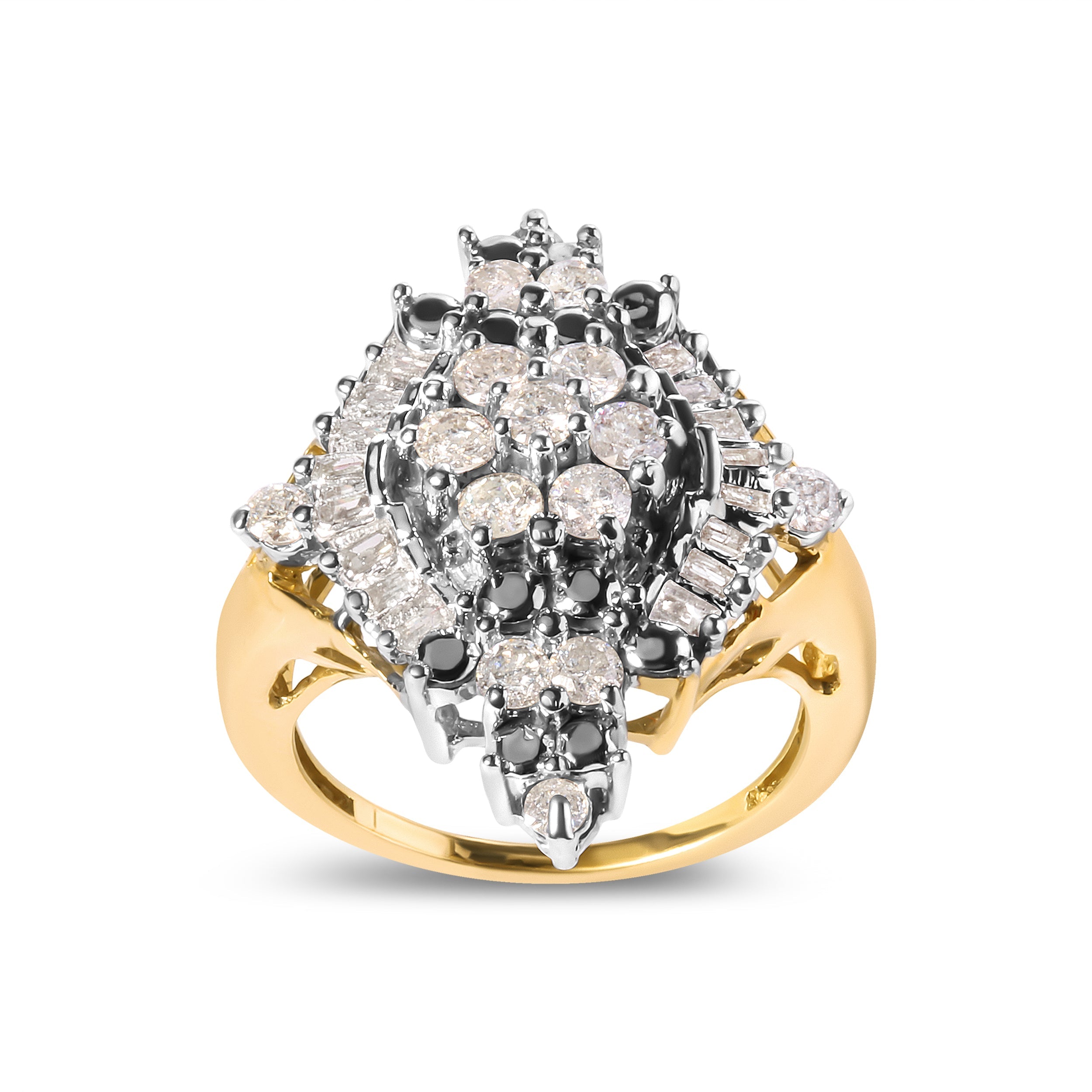 10K Yellow Gold 1 Cttw Round and Baguette cut Diamond Cluster and Rhombus Halo Ring (H-I Color, I1-I2 Clarity) - Ring Size 7