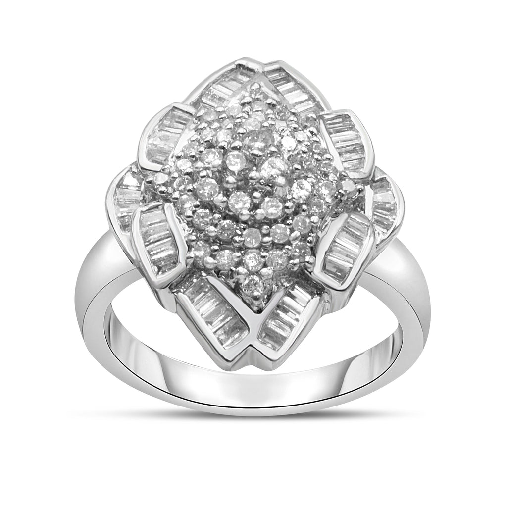 14K White Gold 7/8 Cttw Round and Baguette-Cut Diamond Cluster Ring (H-I Color, SI2-I1 Clarity) - Size 7