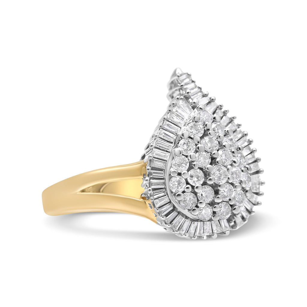 14K Yellow and White Gold 1.00 Cttw Round and Baguette-Cut Diamond Ballerina Cocktail Ring (H-I Color, SI2-I1 Clarity)