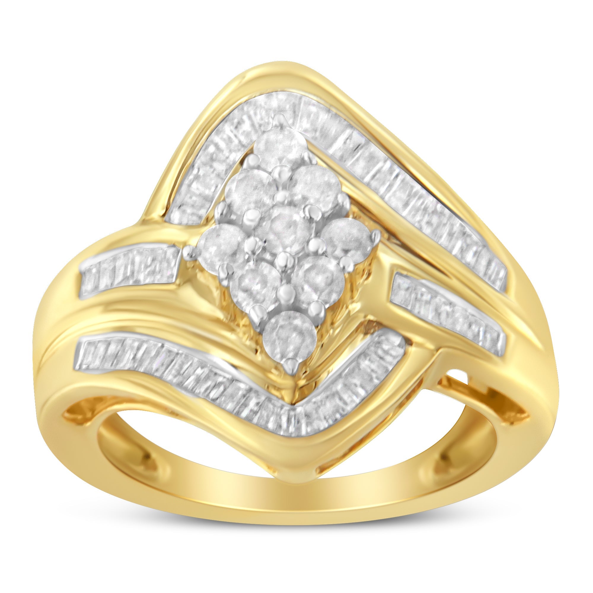 10K Yellow Gold over .925 Sterling Silver Diamond Bypass Cluster Ring (1 Cttw, I-J Color, I2-I3 Clarity) - Size 6
