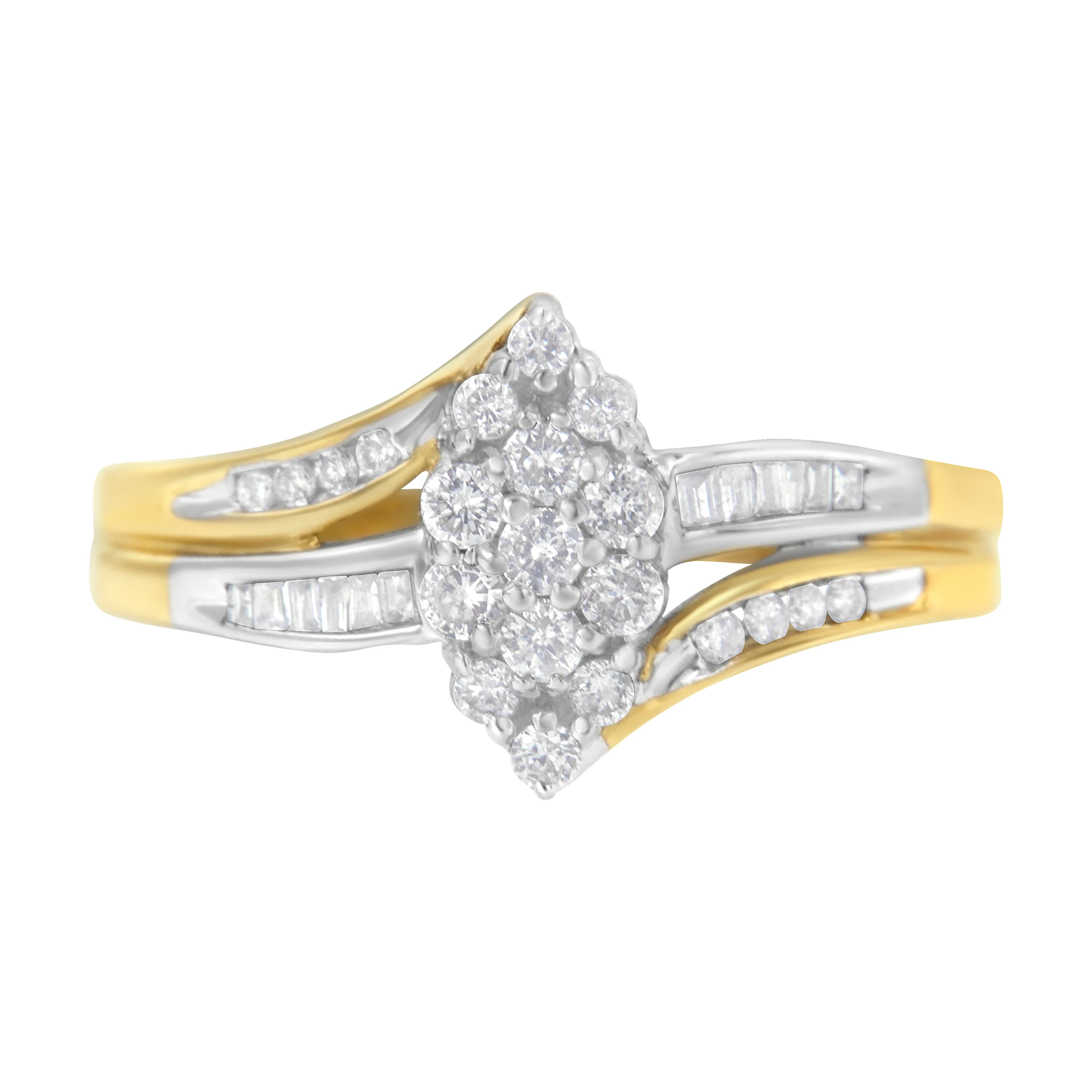 10K Yellow and White Gold 1/2 Cttw Diamond Marquise Shaped Cluster Split Shank Ring (H-I Color, SI2-I1 Clarity) - Size 7