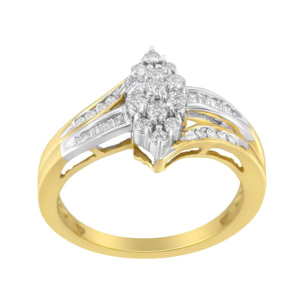 10K Yellow and White Gold 1/2 Cttw Diamond Marquise Shaped Cluster Split Shank Ring (H-I Color, SI2-I1 Clarity) - Size 7