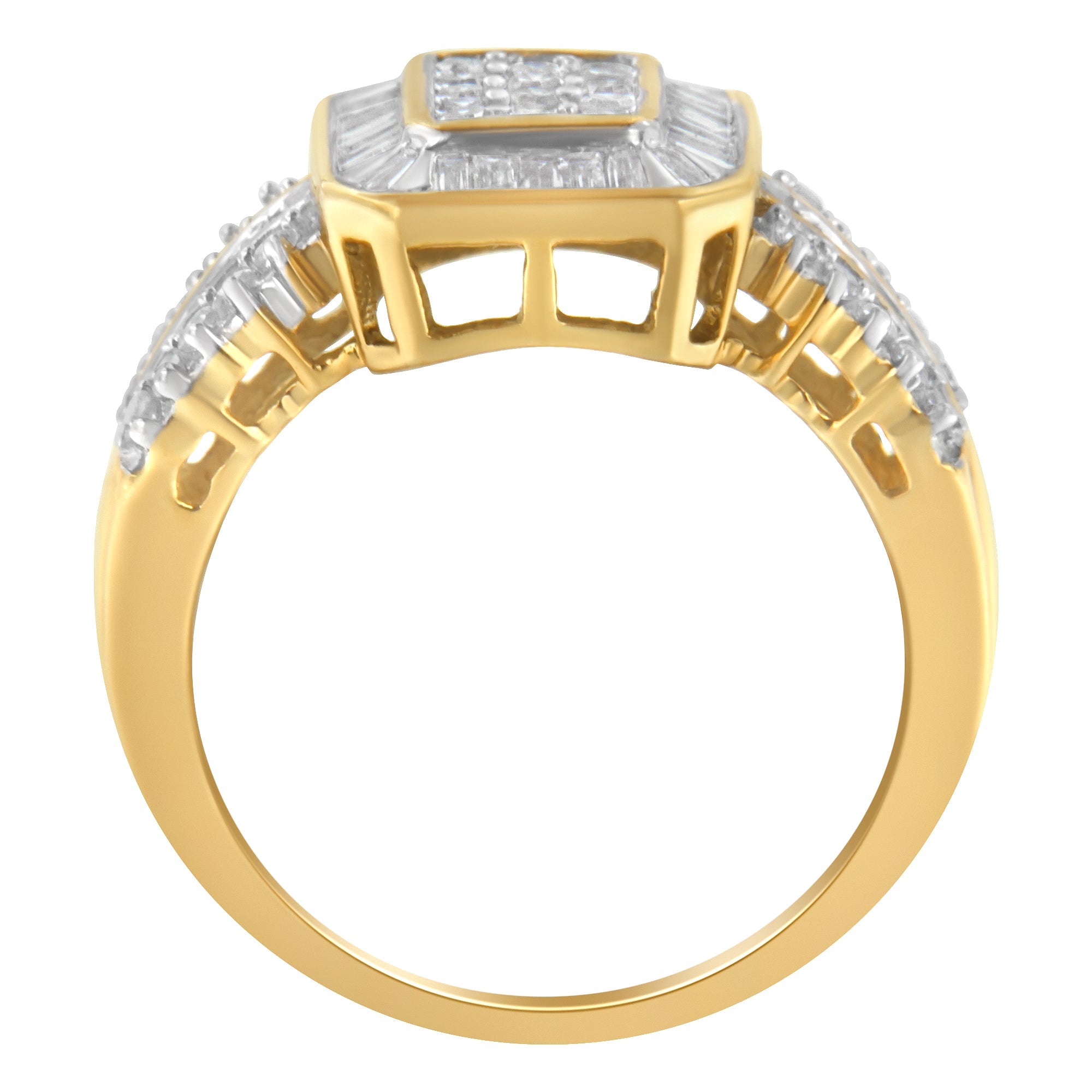 10K Yellow Gold Round and Baguette-Cut Diamond Cluster Ring (1.0 Cttw, I-J Color, SI1-SI2 Clarity) - Size 7