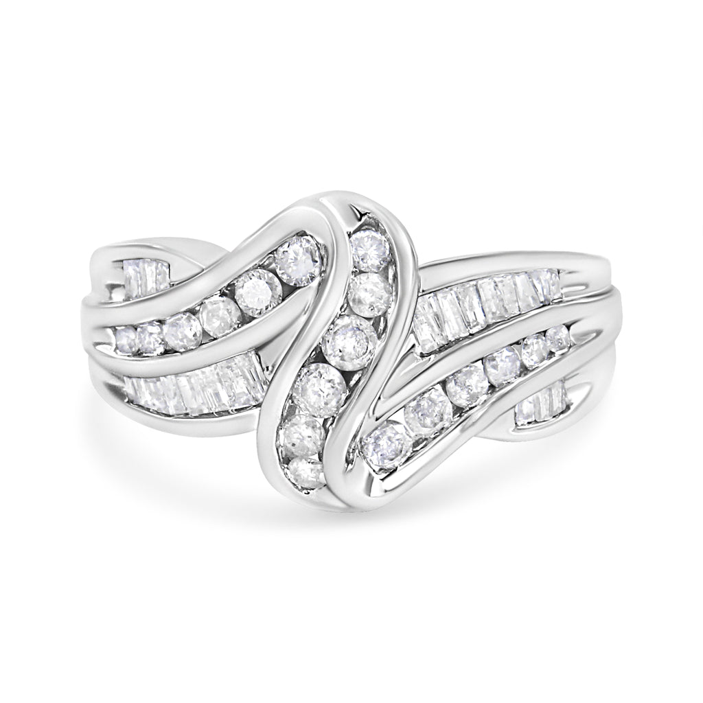 10K White Gold Ring 3/4 Cttw Round and Baguette-Cut Diamond Bypass Ring (H-I Color, I2-I3 Clarity) - Size 6