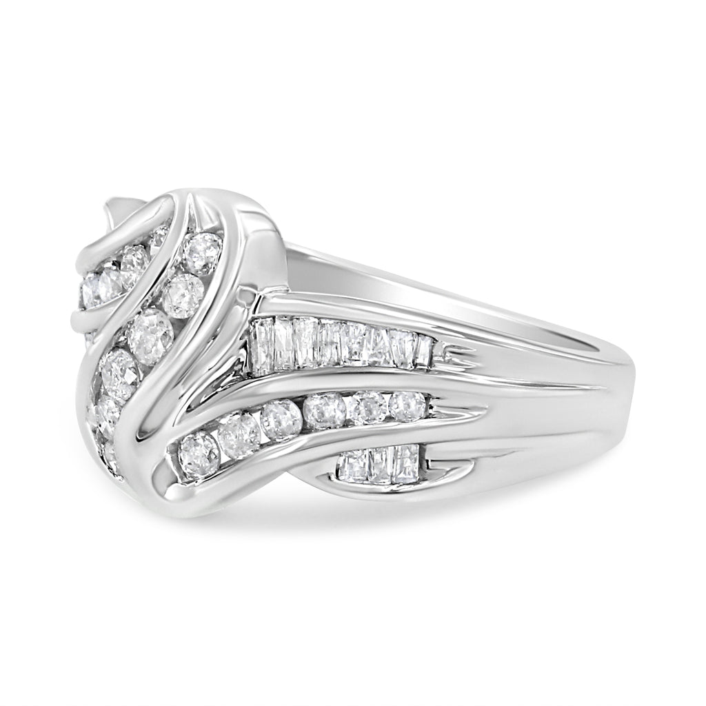 10K White Gold Ring 3/4 Cttw Round and Baguette-Cut Diamond Bypass Ring (H-I Color, I2-I3 Clarity) - Size 6