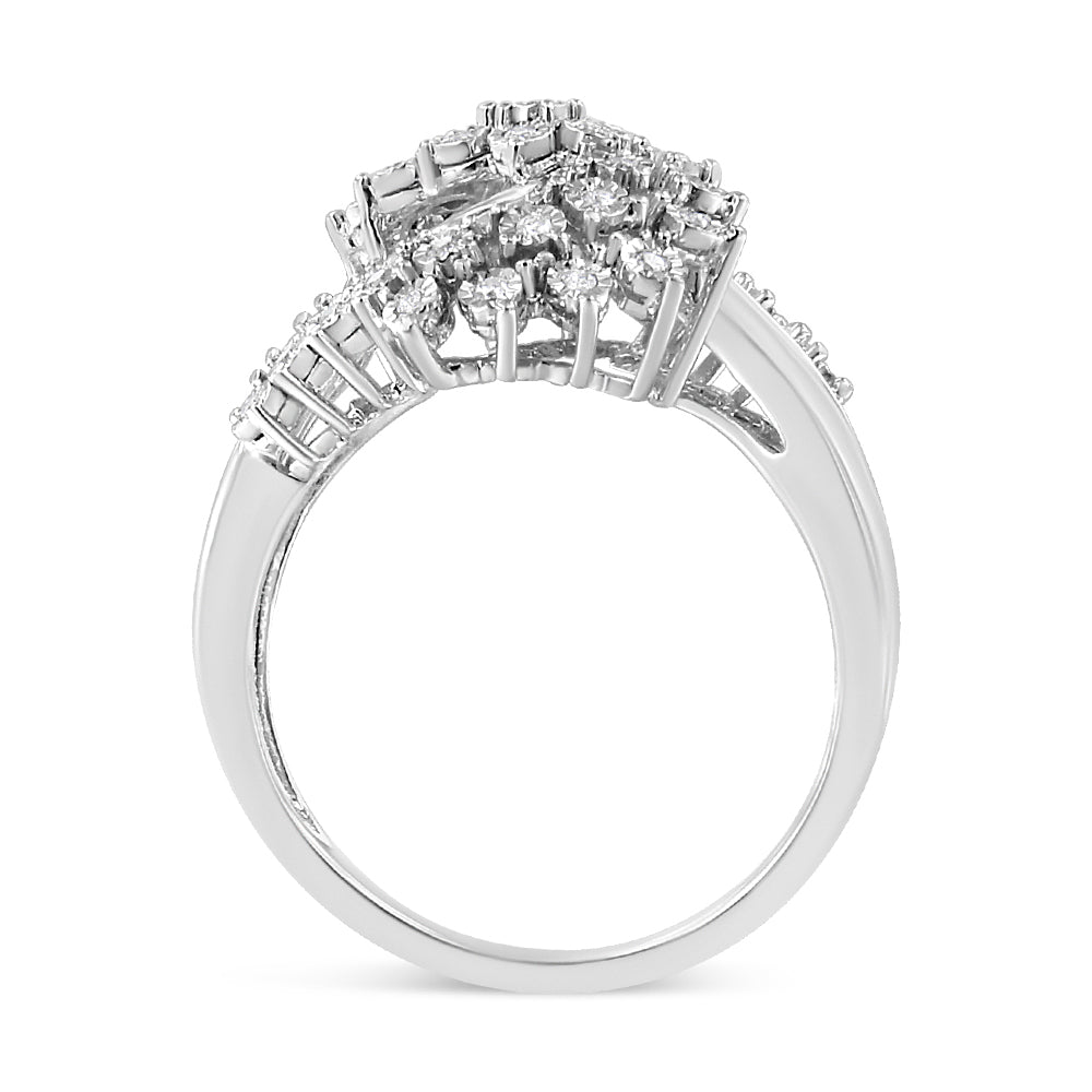 10K White Gold 1/2 Cttw Round and Baguette-Cut "S" Shaped Bypass Cocktail Ring (I-J Color, I1-I2 Clarity) - Size 7