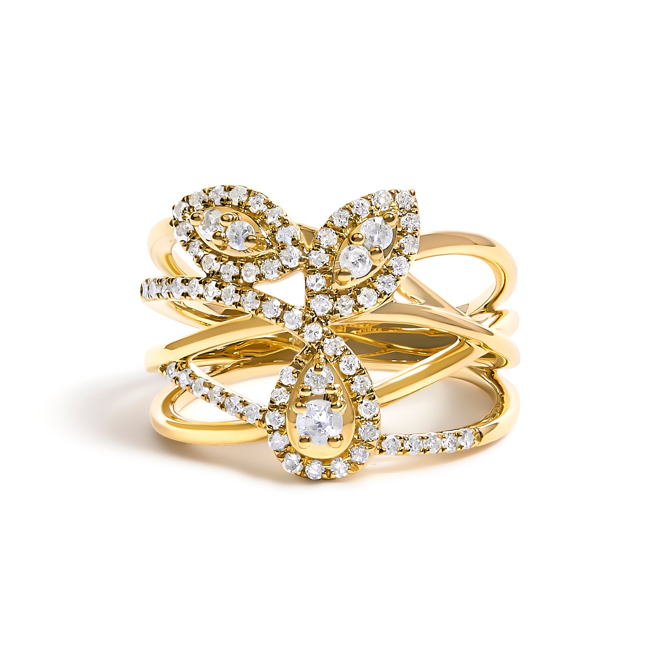 10K Yellow Gold 1/2 Cttw Diamond Crossover 3 Leaf Floral Cocktail Ring Band (H-I Color, SI1-SI2 Clarity)  - Size 7