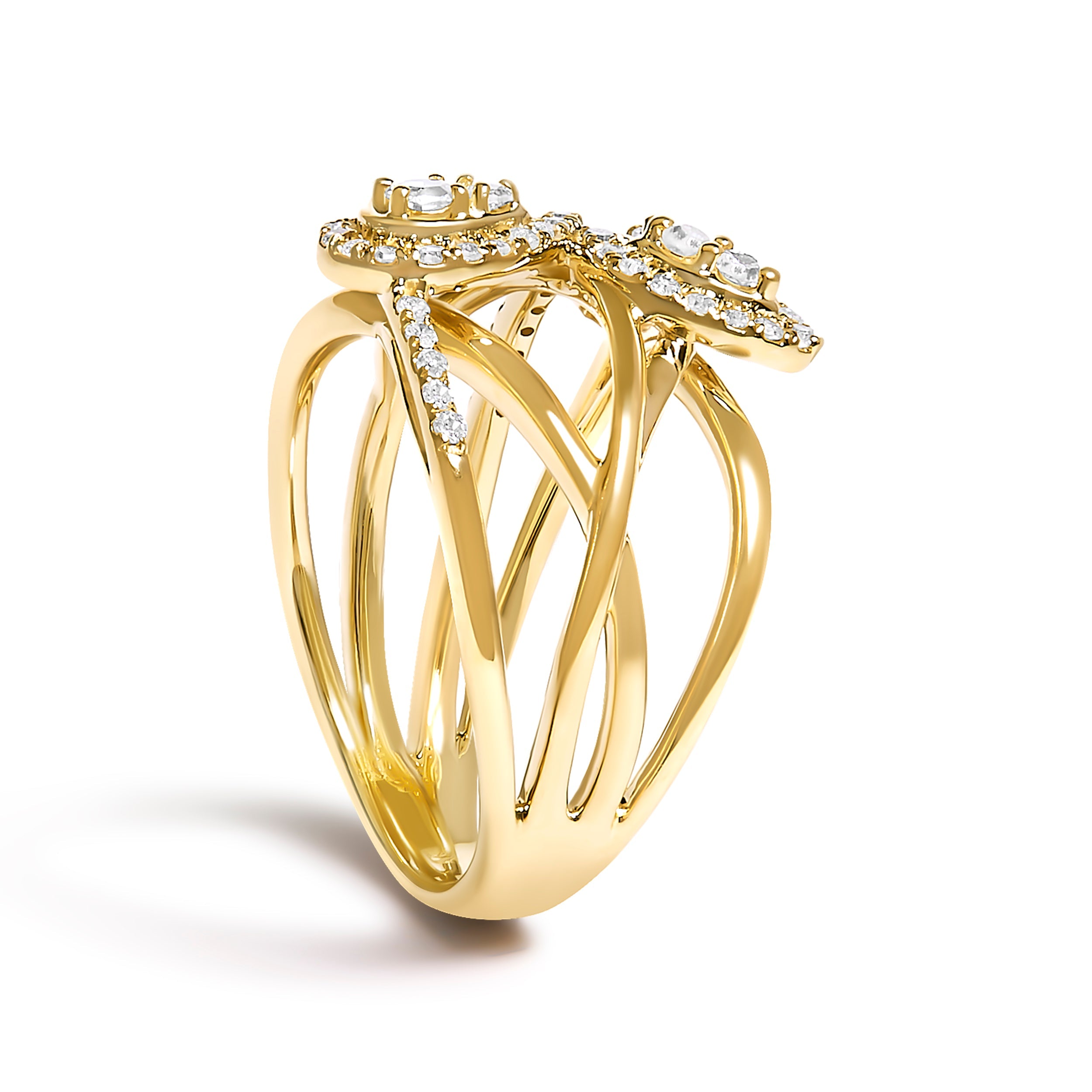 10K Yellow Gold 1/2 Cttw Diamond Crossover 3 Leaf Floral Cocktail Ring Band (H-I Color, SI1-SI2 Clarity)  - Size 7