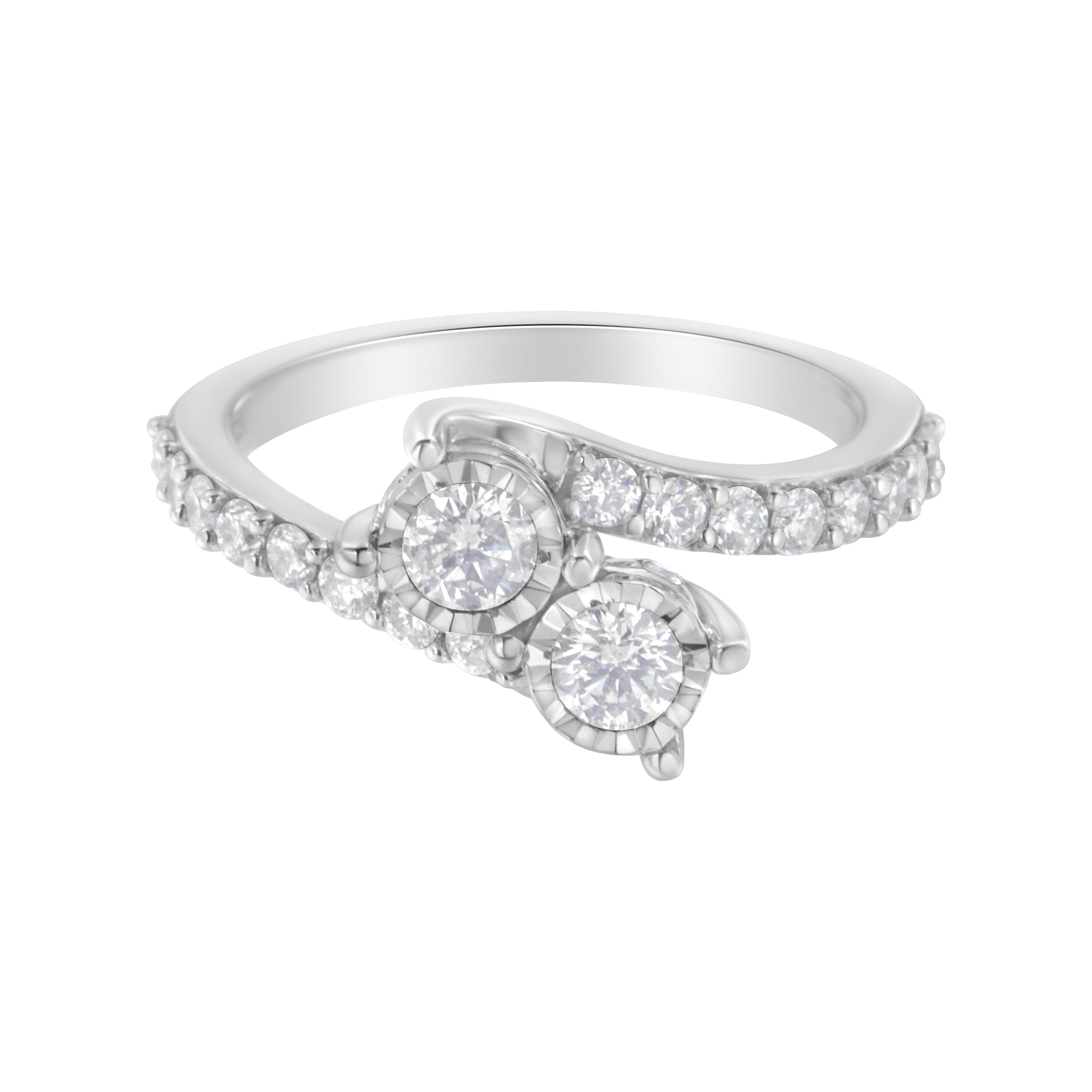 10K White Gold Two-Stone Miracle-Set Diamond Bypass Ring (1 Cttw, H-I Color, I1-I2 Clarity) - Size 6
