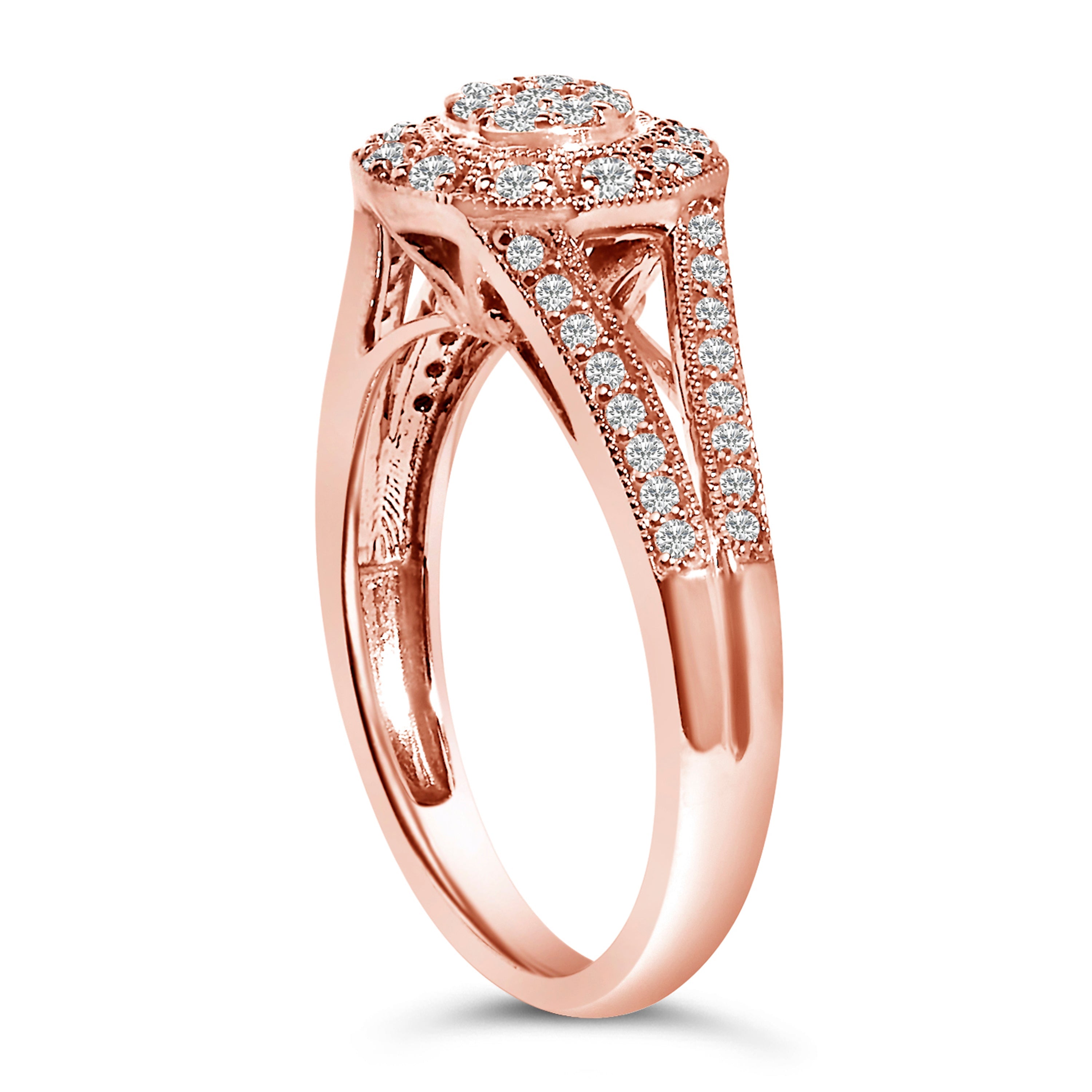 14K Rose Gold Plated .925 Sterling Silver 1/2 Cttw Pave Diamond Halo Cluster Split Shank Cocktail Ring (I-J Color, I1-I2 Clarity) - Size 6