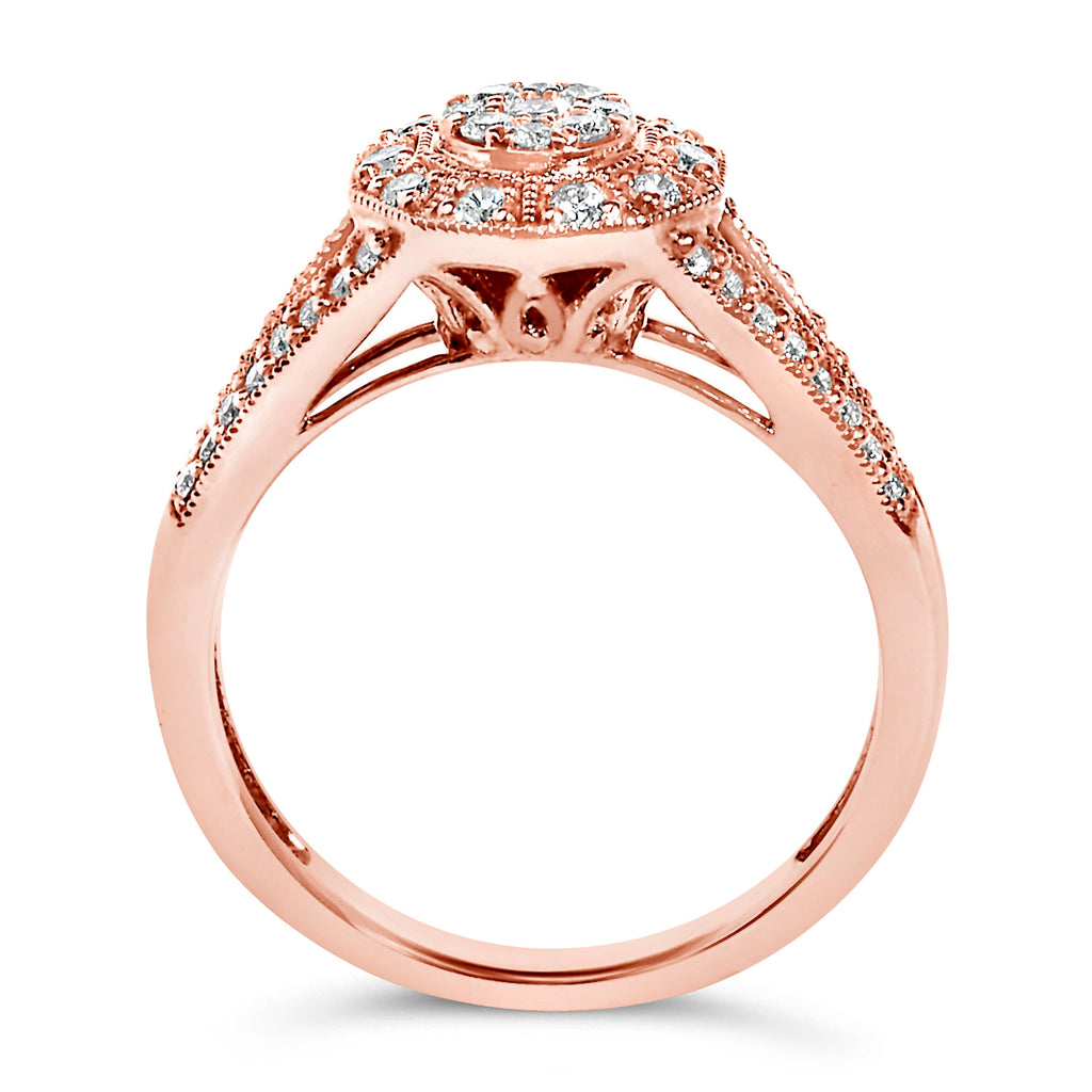 14K Rose Gold Plated .925 Sterling Silver 1/2 Cttw Pave Diamond Halo Cluster Split Shank Cocktail Ring (I-J Color, I1-I2 Clarity) - Size 6