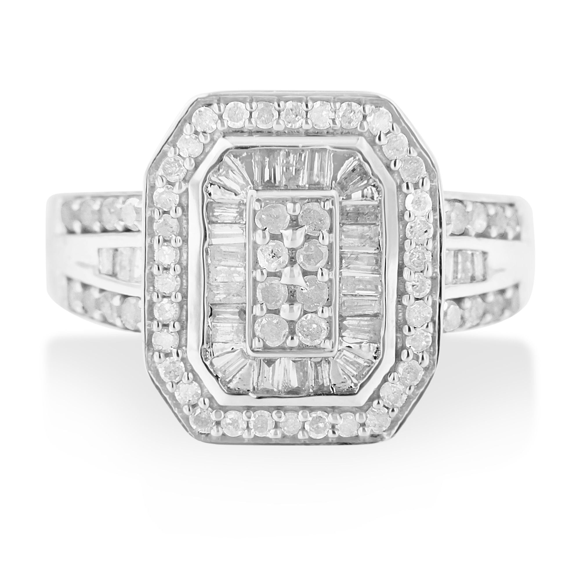 .925 Sterling Silver 1.0 Cttw Round and Baguette Cut Diamond Elongated Octagon Shaped Cocktail Ring (H-I Color, I2-I3 Clarity) - Size 7