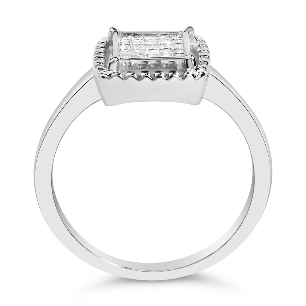.925 Sterling Silver 1/5 Cttw Invisible Set Princess Cut Diamond Promise Ring with Beaded Halo (H-I Color, I1-I2 Clarity) - Ring Size 7