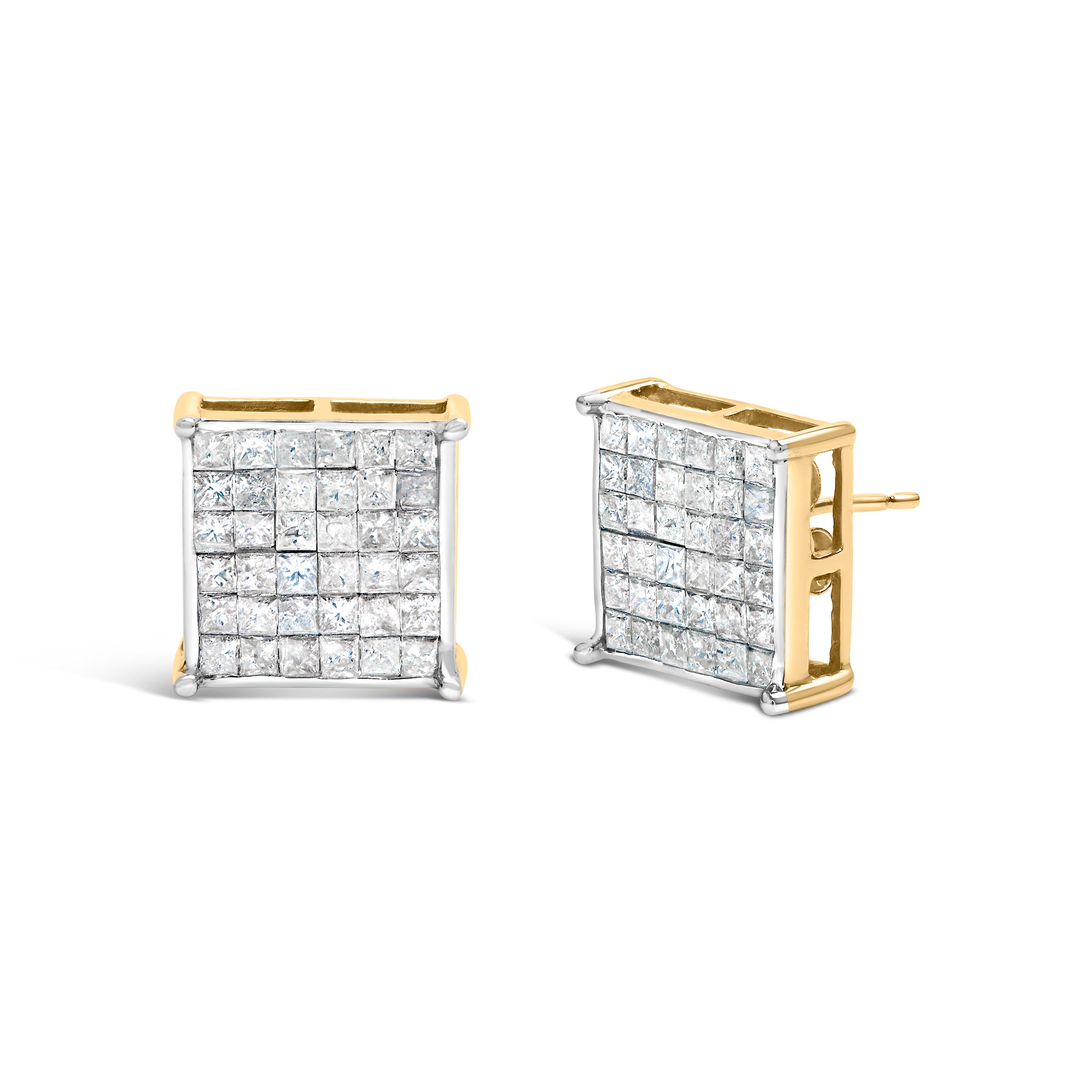 10K Yellow Gold 2.0 Cttw Invisible-Set Princess-Cut Diamond Stud Earrings