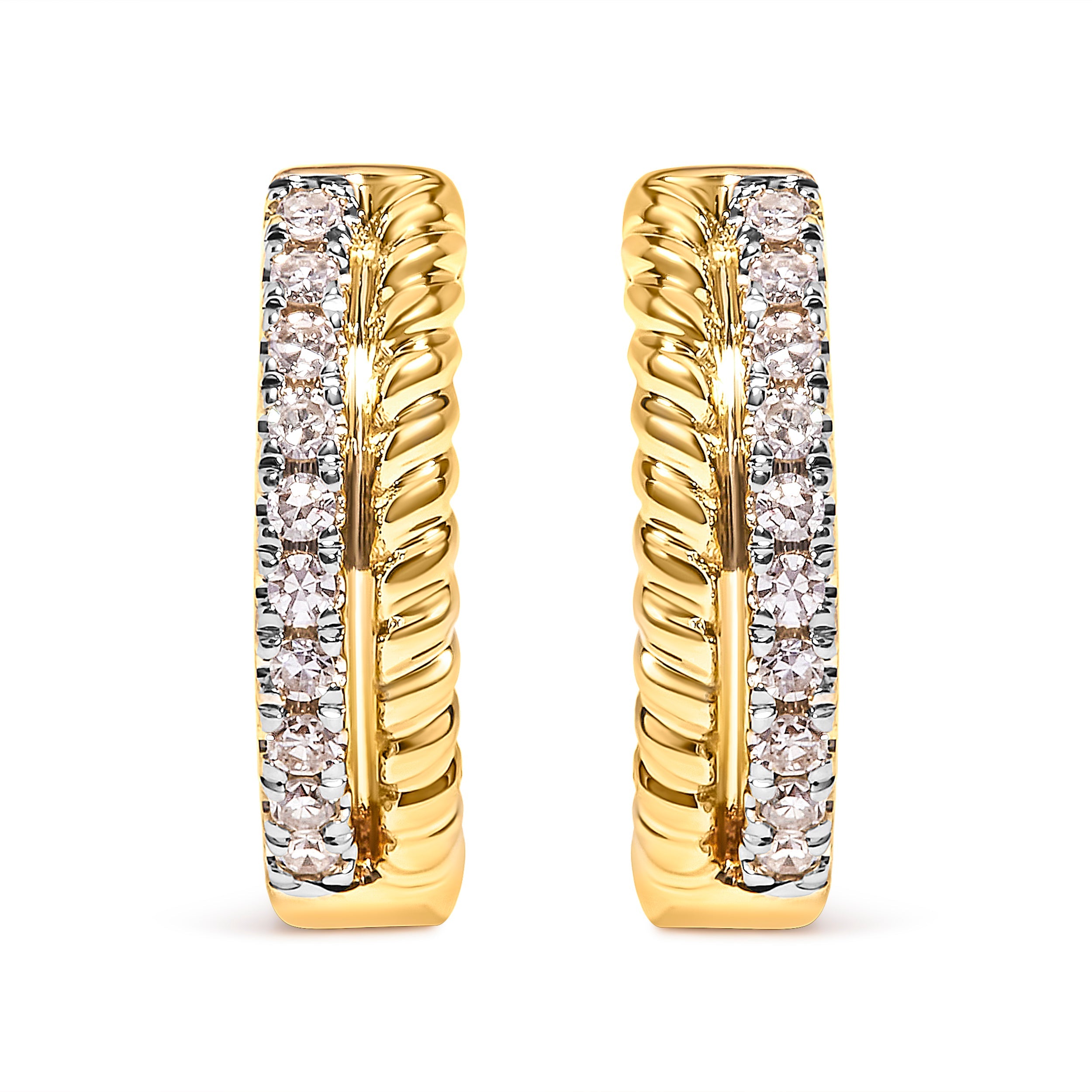 10K Yellow Gold 1/10 Cttw Diamond and Rope Twist Huggy Hoop Earrings (H-I Color, I1-I2 Clarity)