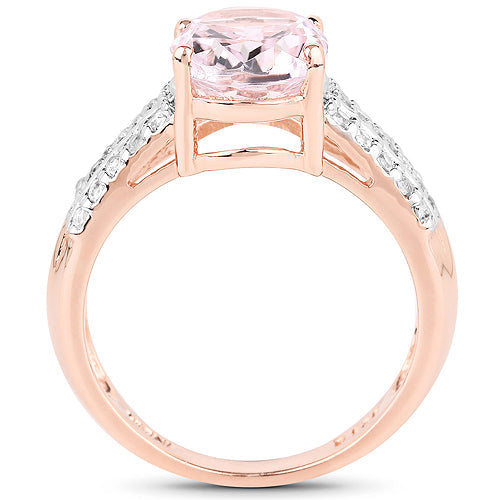 14K Rose Gold Plated 3.27 Carat Genuine Kunzite Oval and White Zircon .925 Sterling Silver Ring Ring