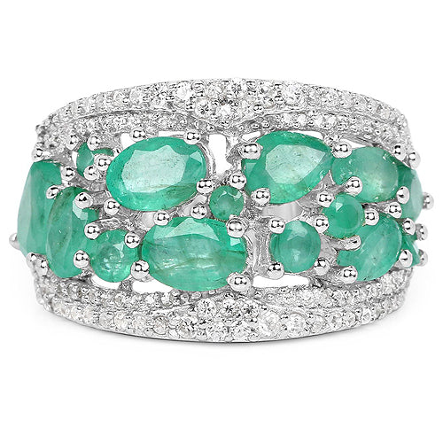 3.27 Carat Genuine Emerald and White Zircon .925 Sterling Silver Ring