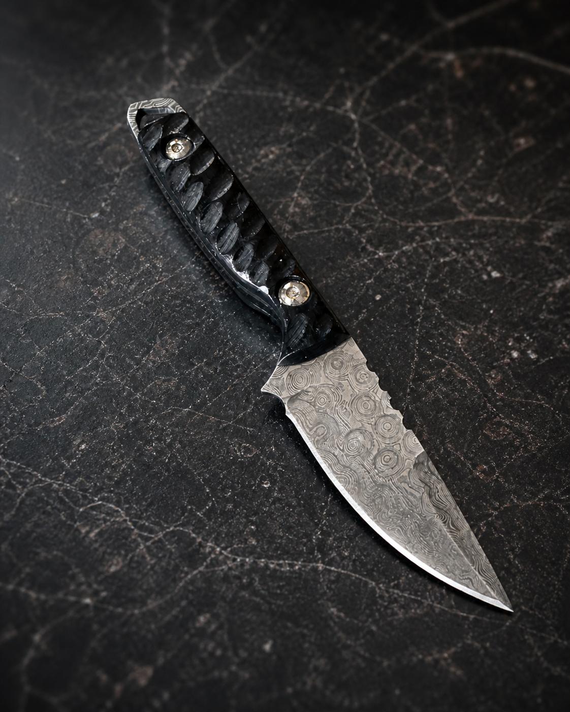 Titan "Shadow Scale" Damascus Hunting Knife | Drop-Point Blade | Carved Black Micarta Handle | Black Leather Sheath TK-516