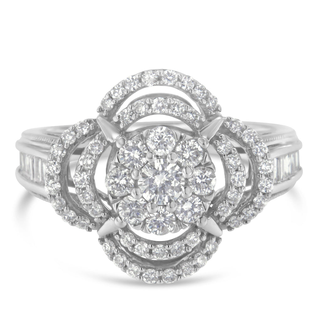 14K White Gold 1.0 Cttw Round & Baguette Cut Diamond Floral Cluster Quatrefoil Channel Set Band Cocktail Statement Ring (H-I Color, SI2-I1 Clarity) - Size 6-3/4