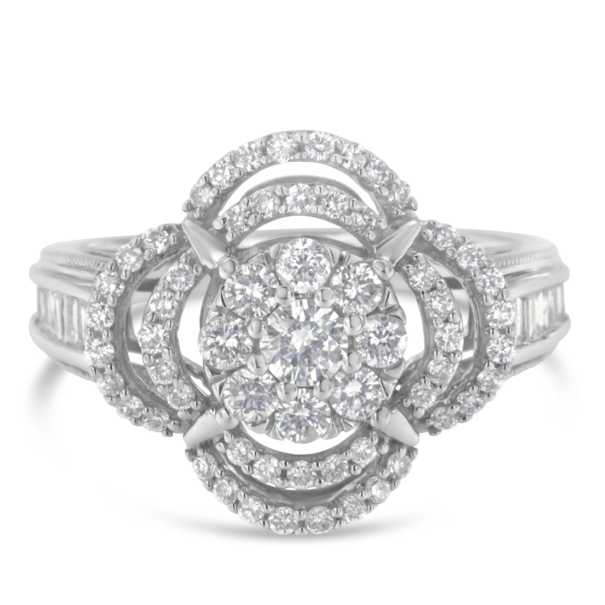 14K White Gold 1.0 Cttw Round & Baguette Cut Diamond Floral Cluster Quatrefoil Channel Set Band Cocktail Statement Ring (H-I Color, SI2-I1 Clarity) - Size 6-3/4
