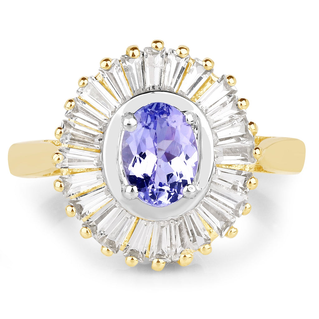 14K Yellow Gold Plated 2.16 Carat Genuine Tanzanite & White Topaz .925 Sterling Silver Ring