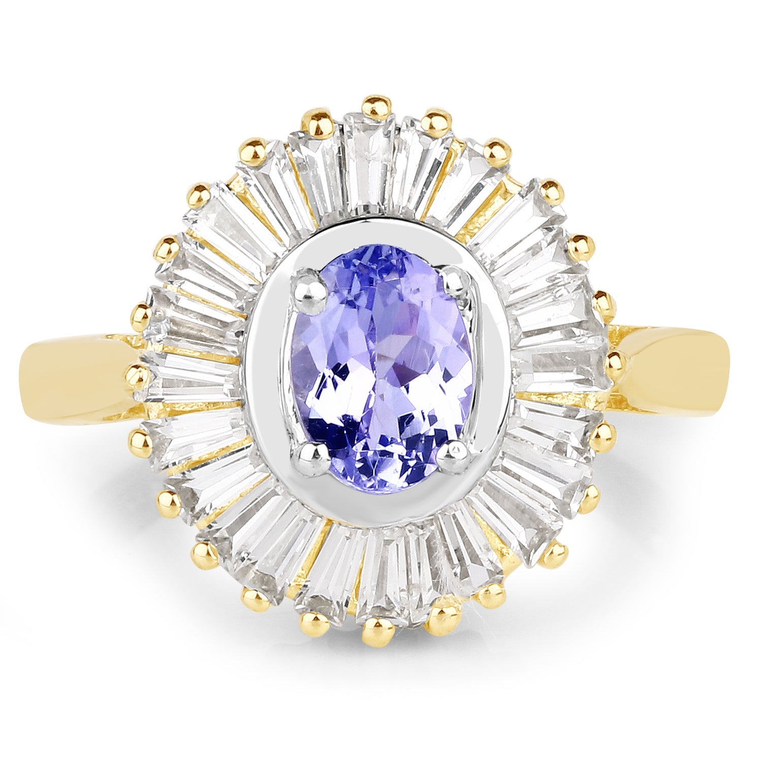 14K Yellow Gold Plated 2.16 Carat Genuine Tanzanite & White Topaz .925 Sterling Silver Ring