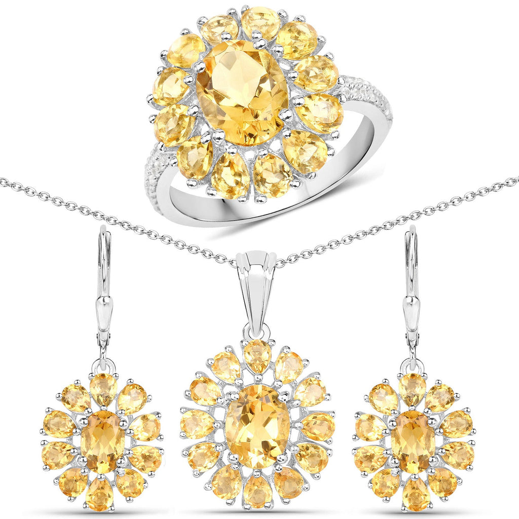 12.24 Carat Genuine Citrine and White Topaz .925 Sterling Silver 3 Piece Jewelry Set (Ring, Earrings, and Pendant w/ Chain)